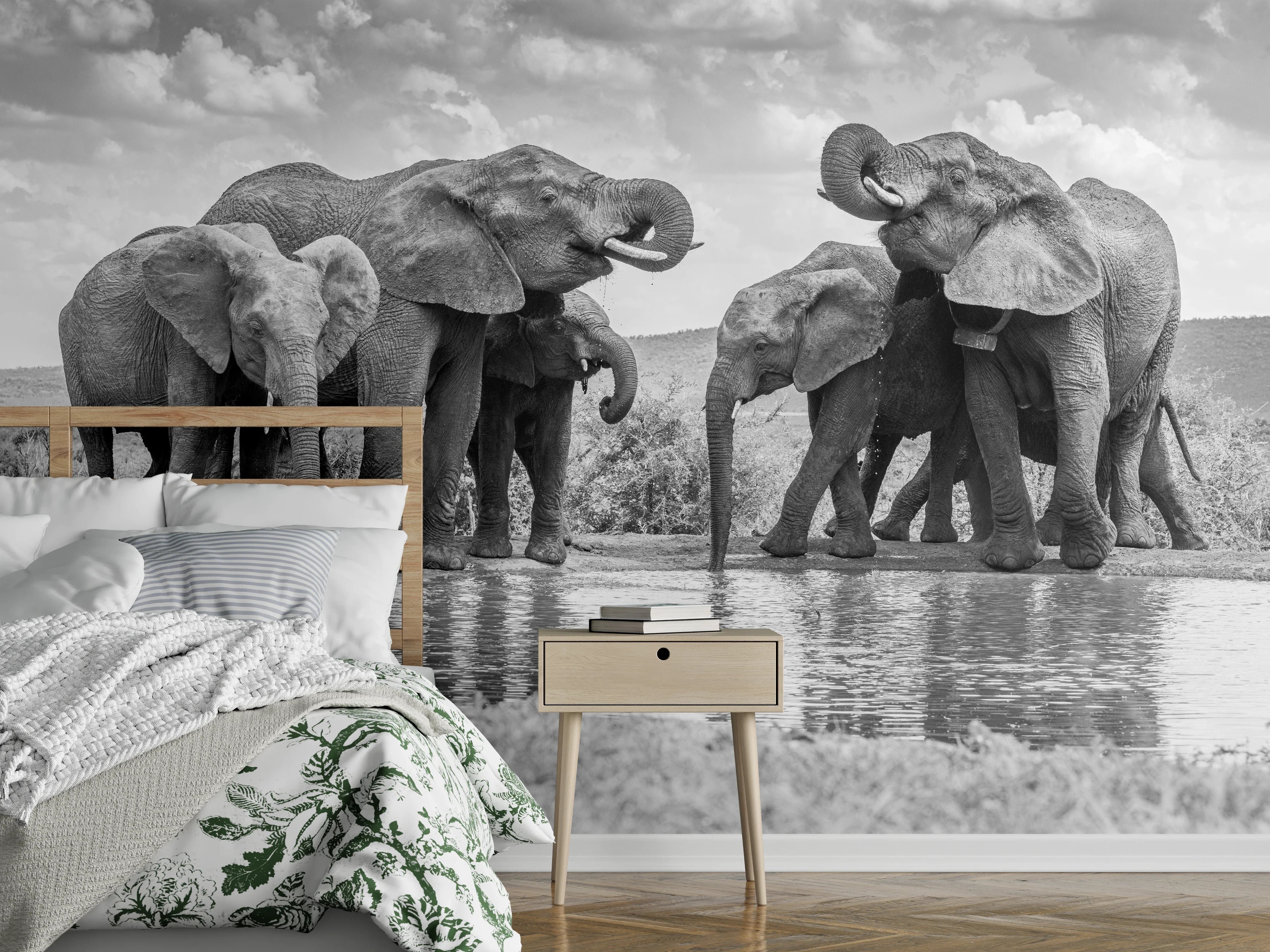Wandverkleidung Schlafzimmer - Elefanten an der Wasserstelle