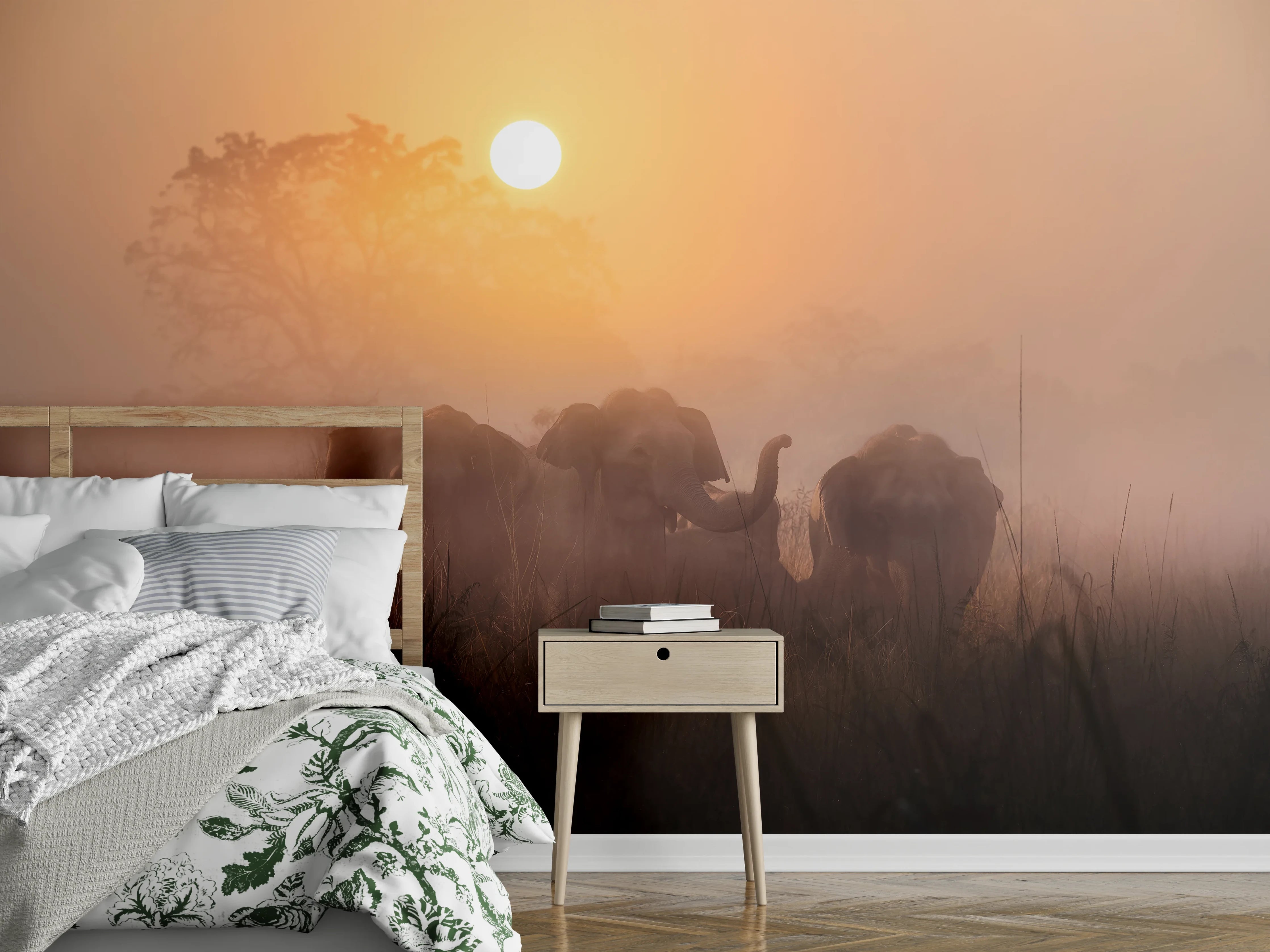 Wandverkleidung Schlafzimmer - Elefanten bei Morgengrauen