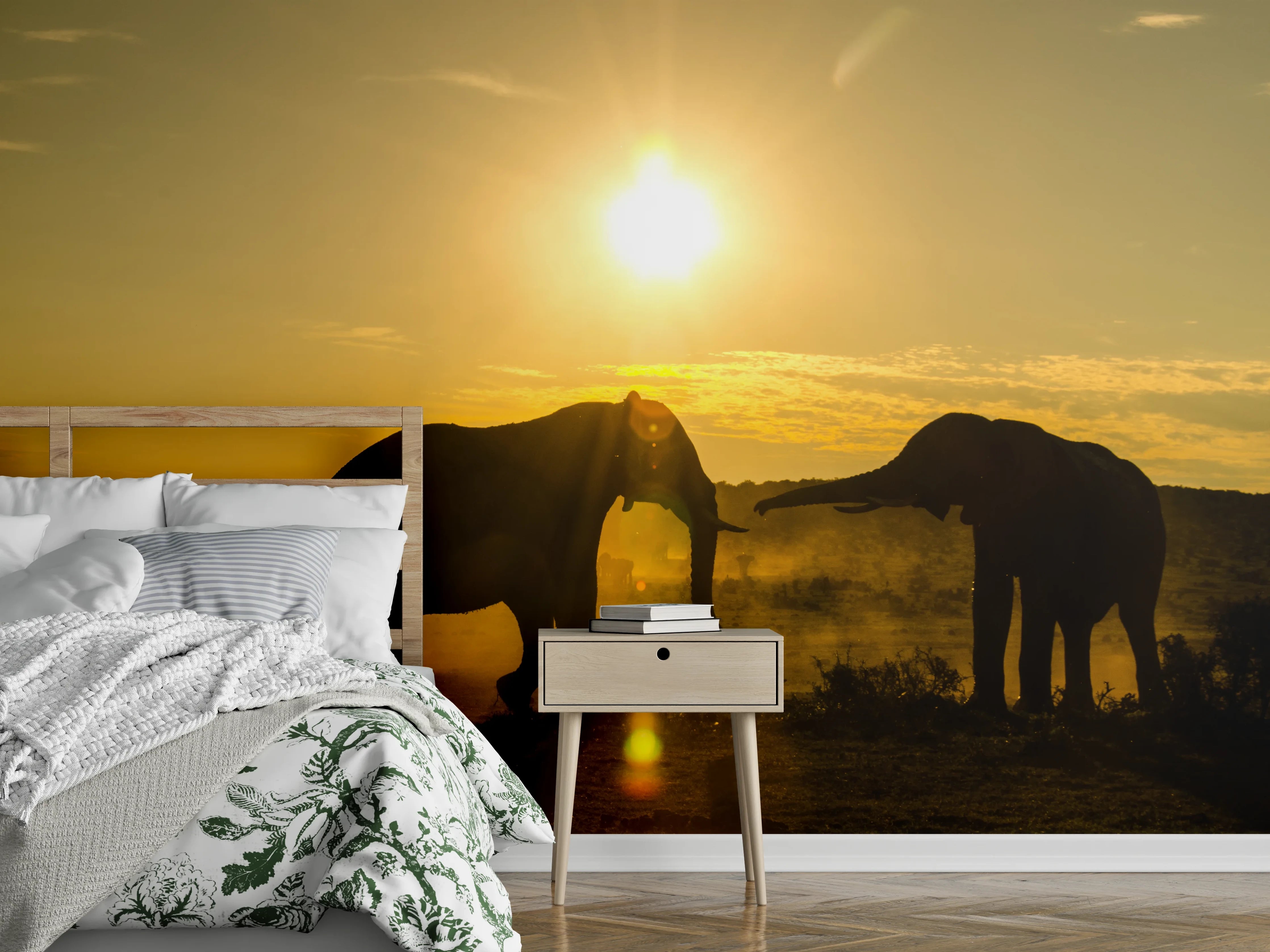 Wandverkleidung Schlafzimmer - Elefanten bei Sonnenuntergang