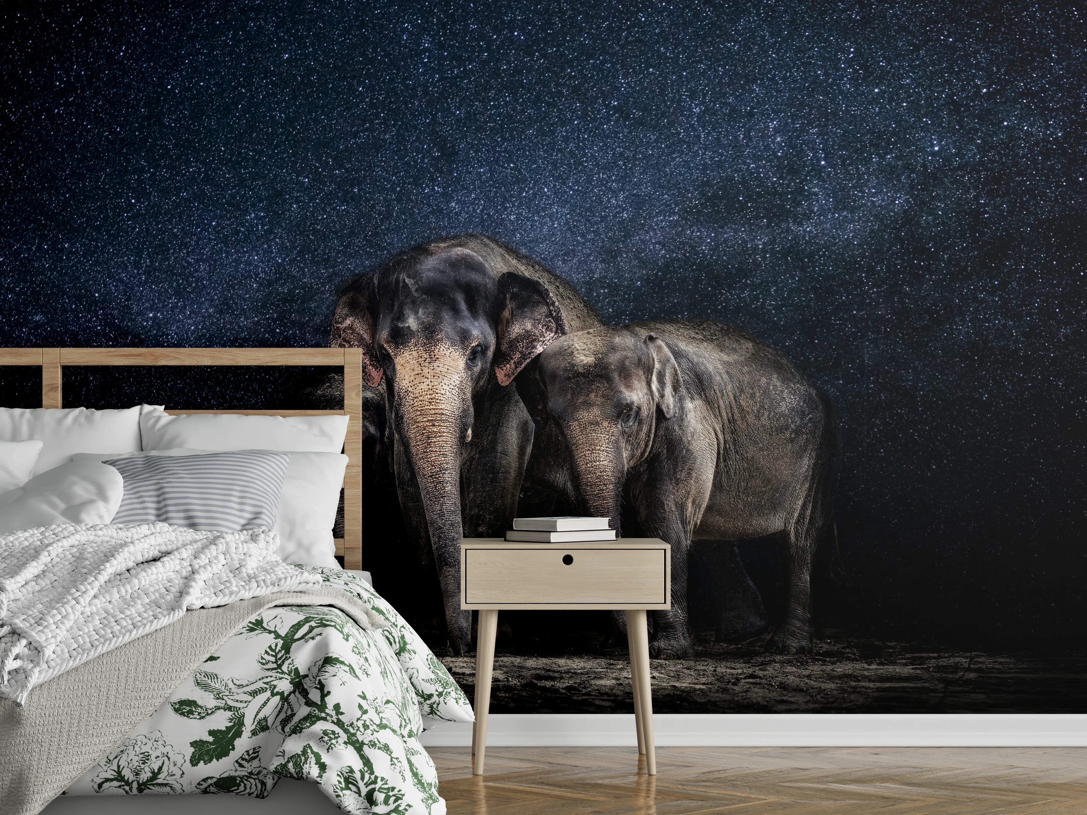 Wandverkleidung Schlafzimmer - Elefantenfamilie zwischen den Sternen