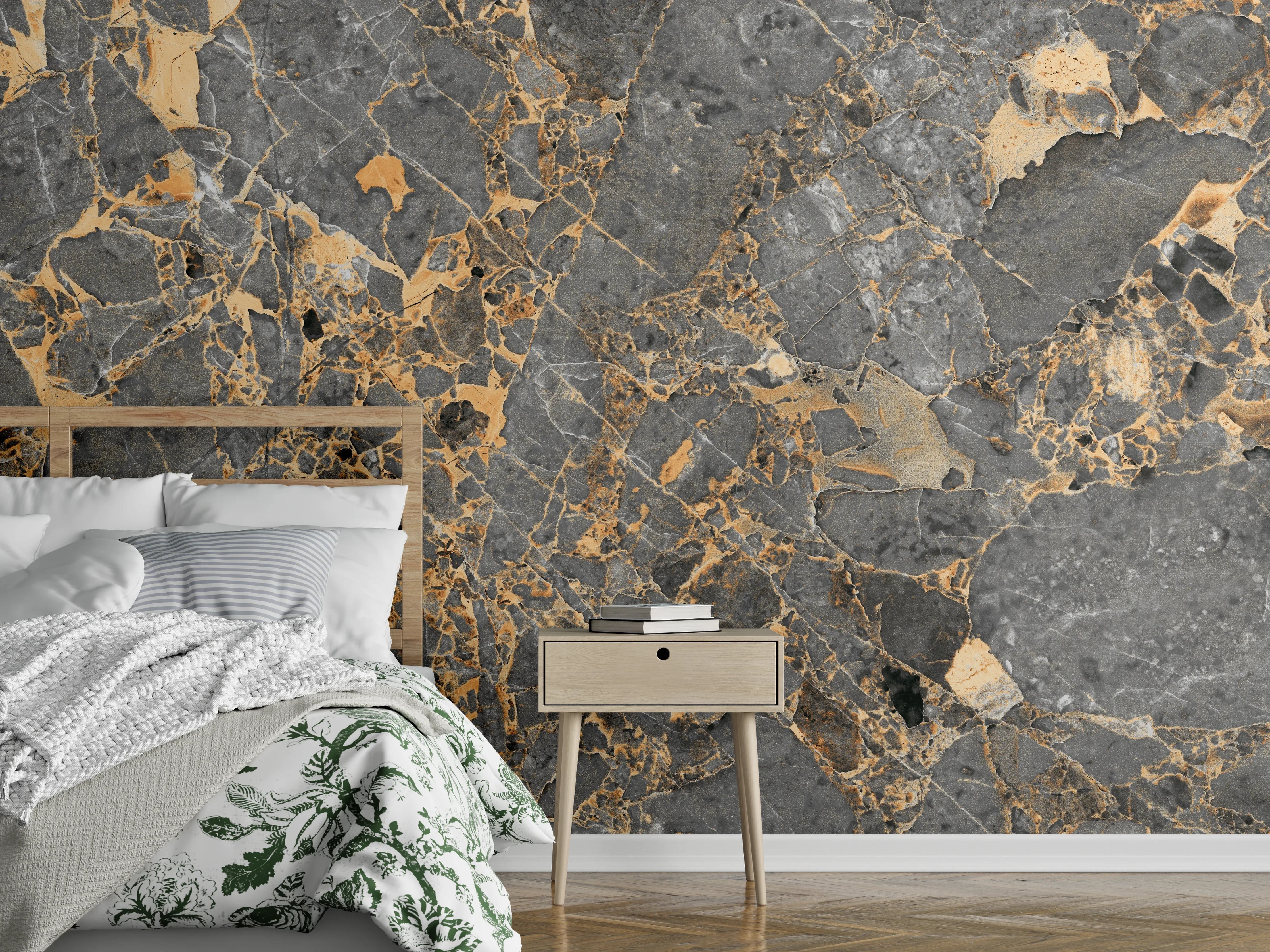 Wandverkleidung Schlafzimmer - Elegant graue Marmoroptik mit Goldadern