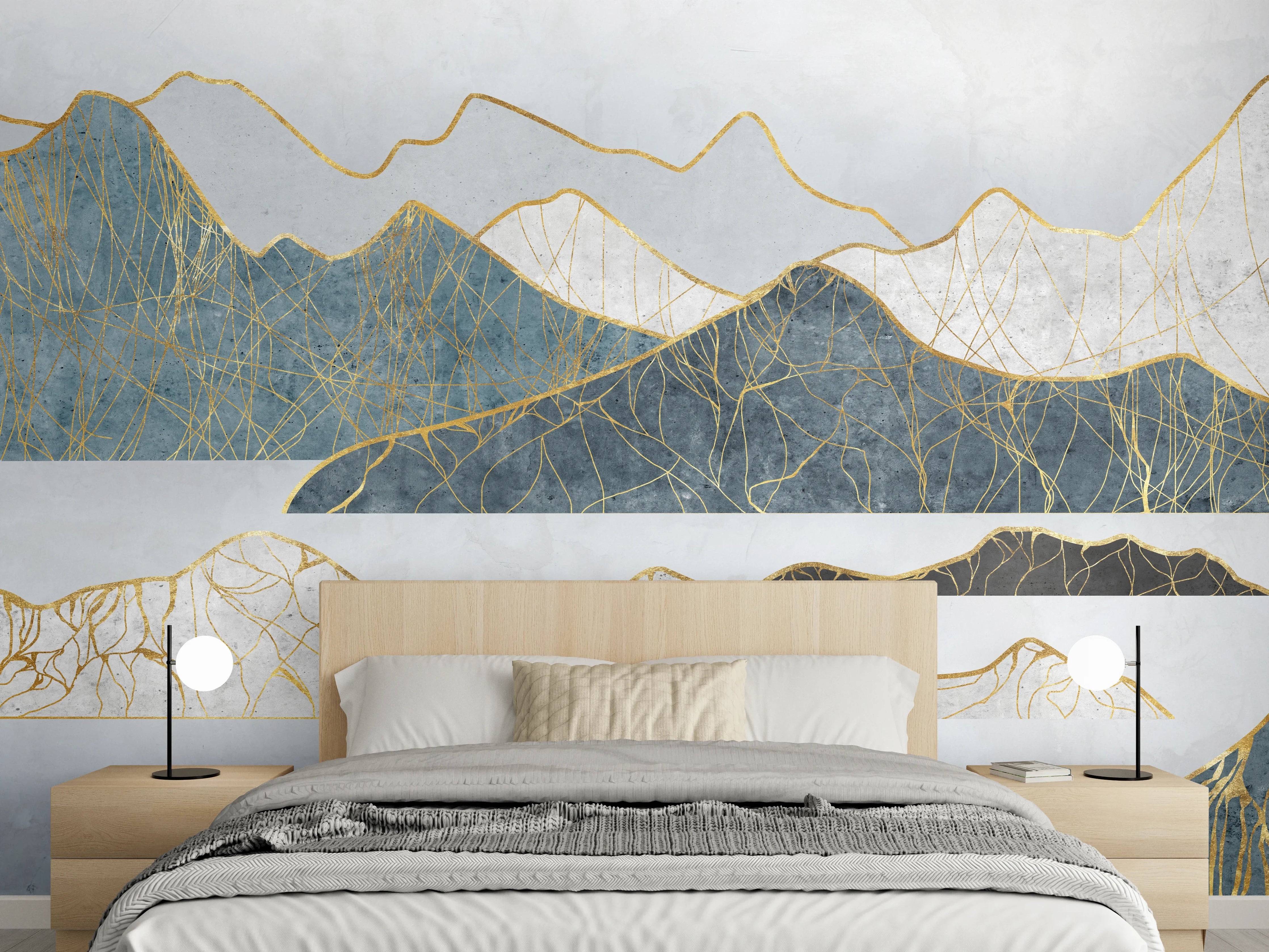 Wandverkleidung Schlafzimmer - Elegante Berglandschaft in Weiß und Grau