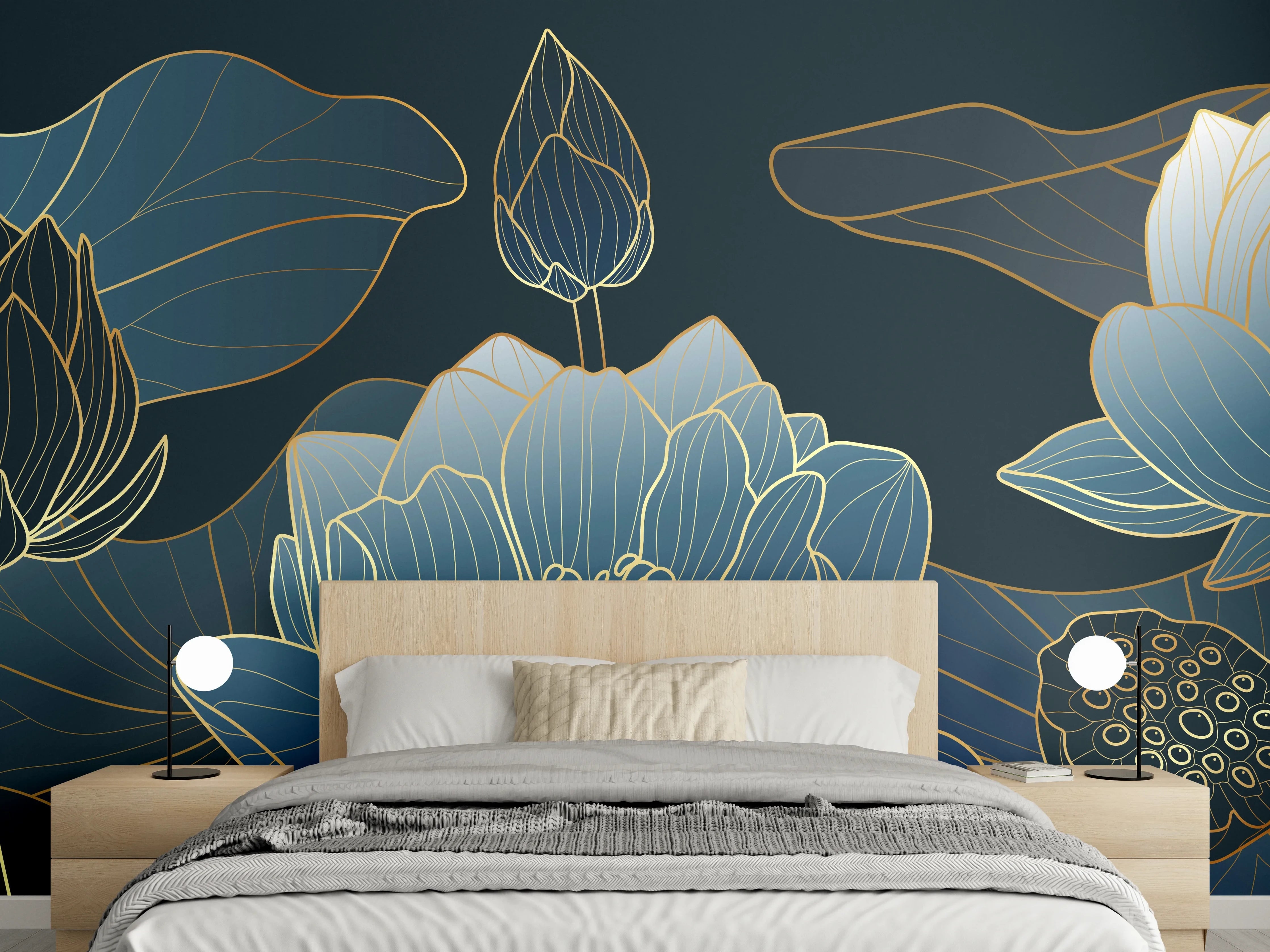 Wandverkleidung Schlafzimmer - Elegante Blau-Weiße Blumenillustration