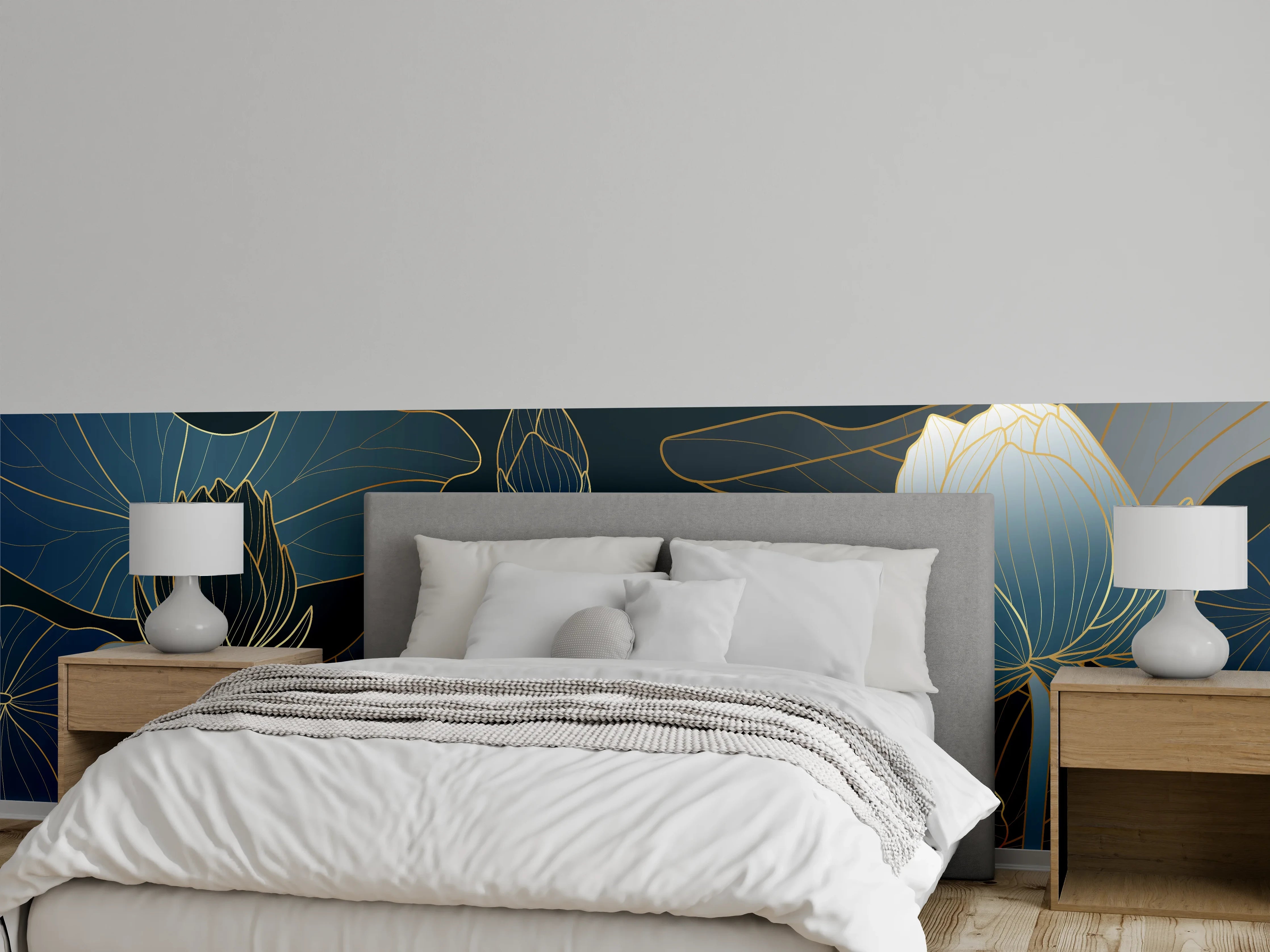 Wandverkleidung Schlafzimmer - Elegante Blau-Weiße Blumenillustration