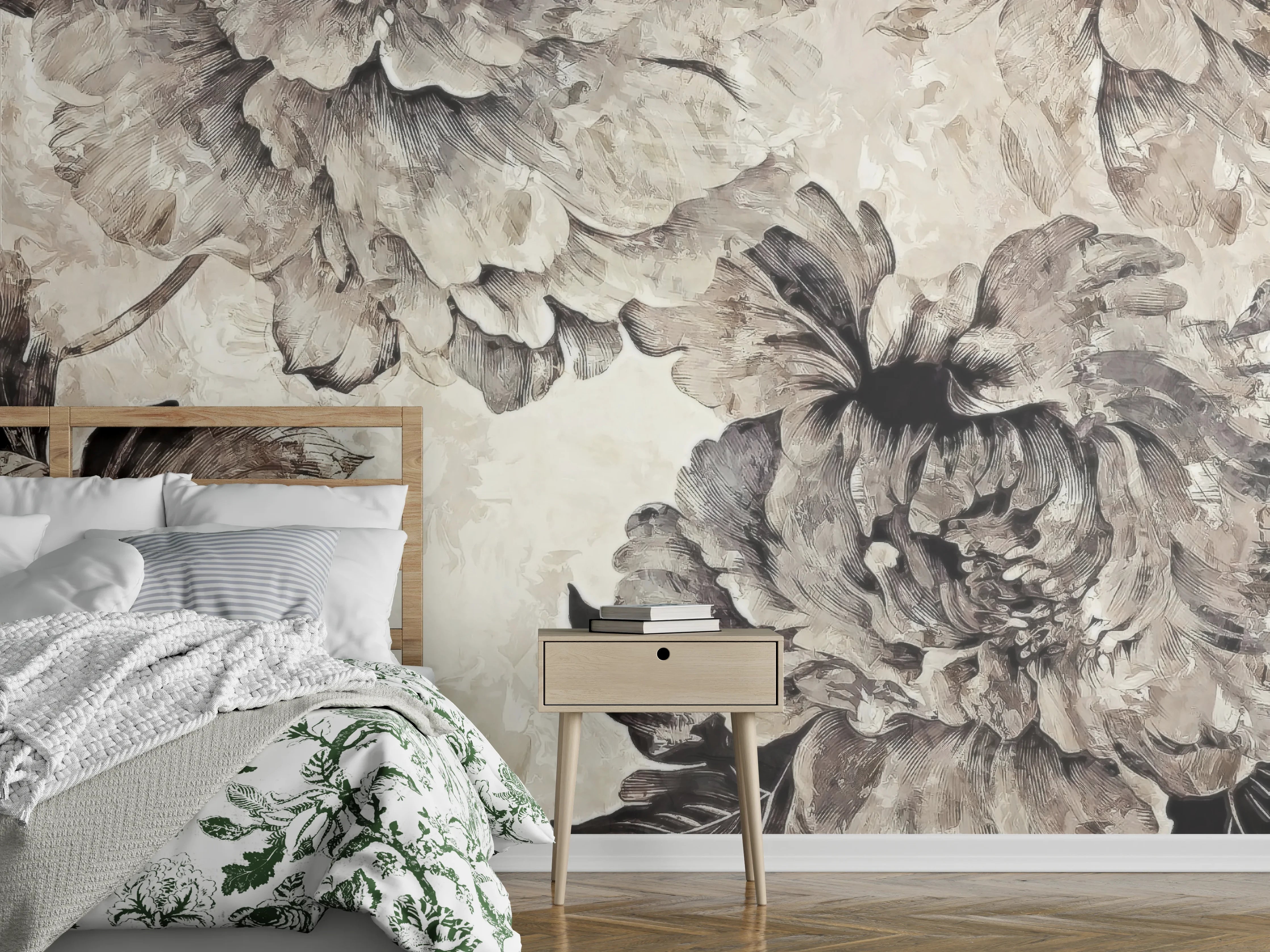 Wandverkleidung Schlafzimmer - Elegante Blumen Collage Beige Grau