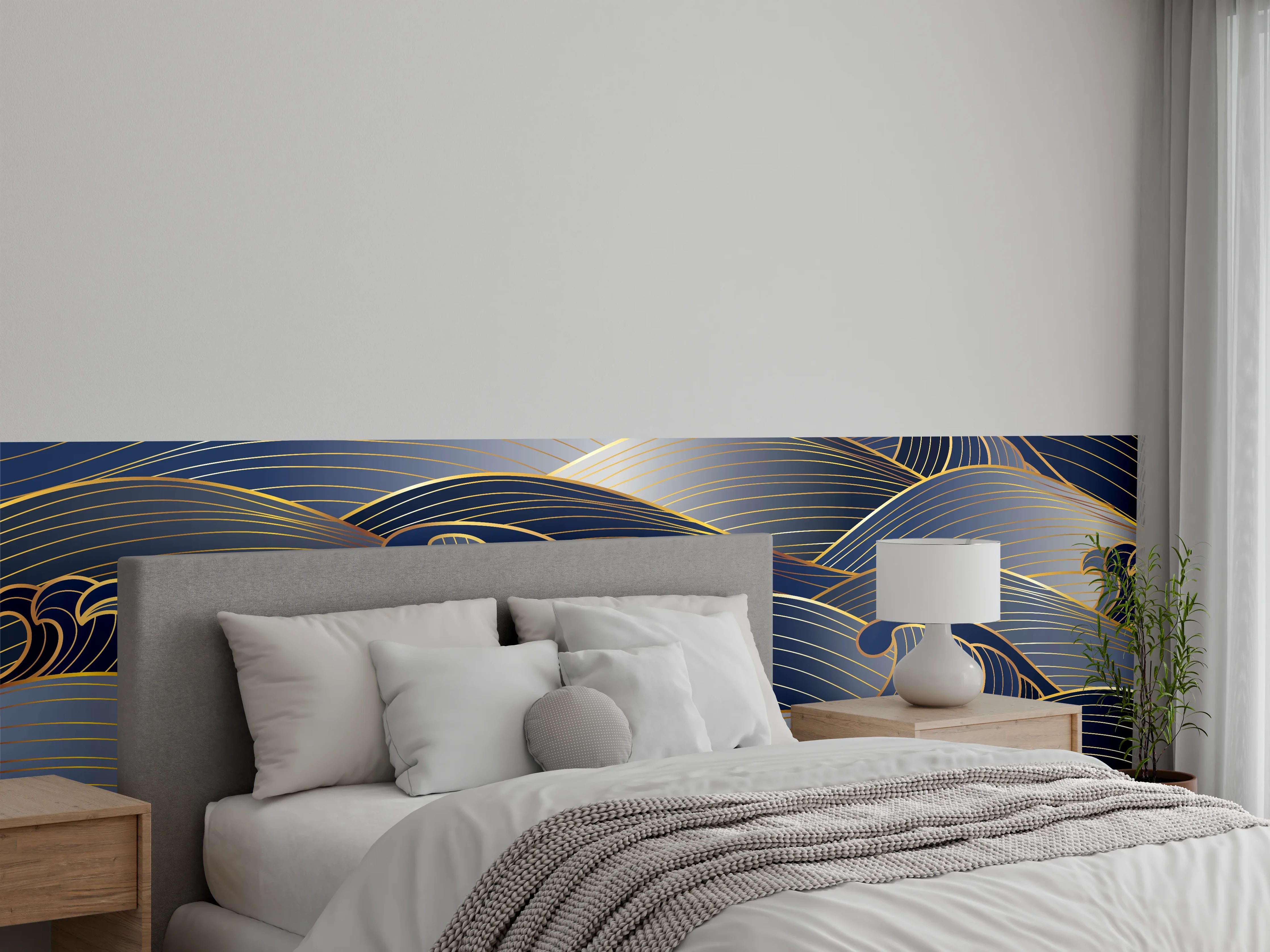 Wandverkleidung Schlafzimmer - Elegante Gold-Blau Wellentextur
