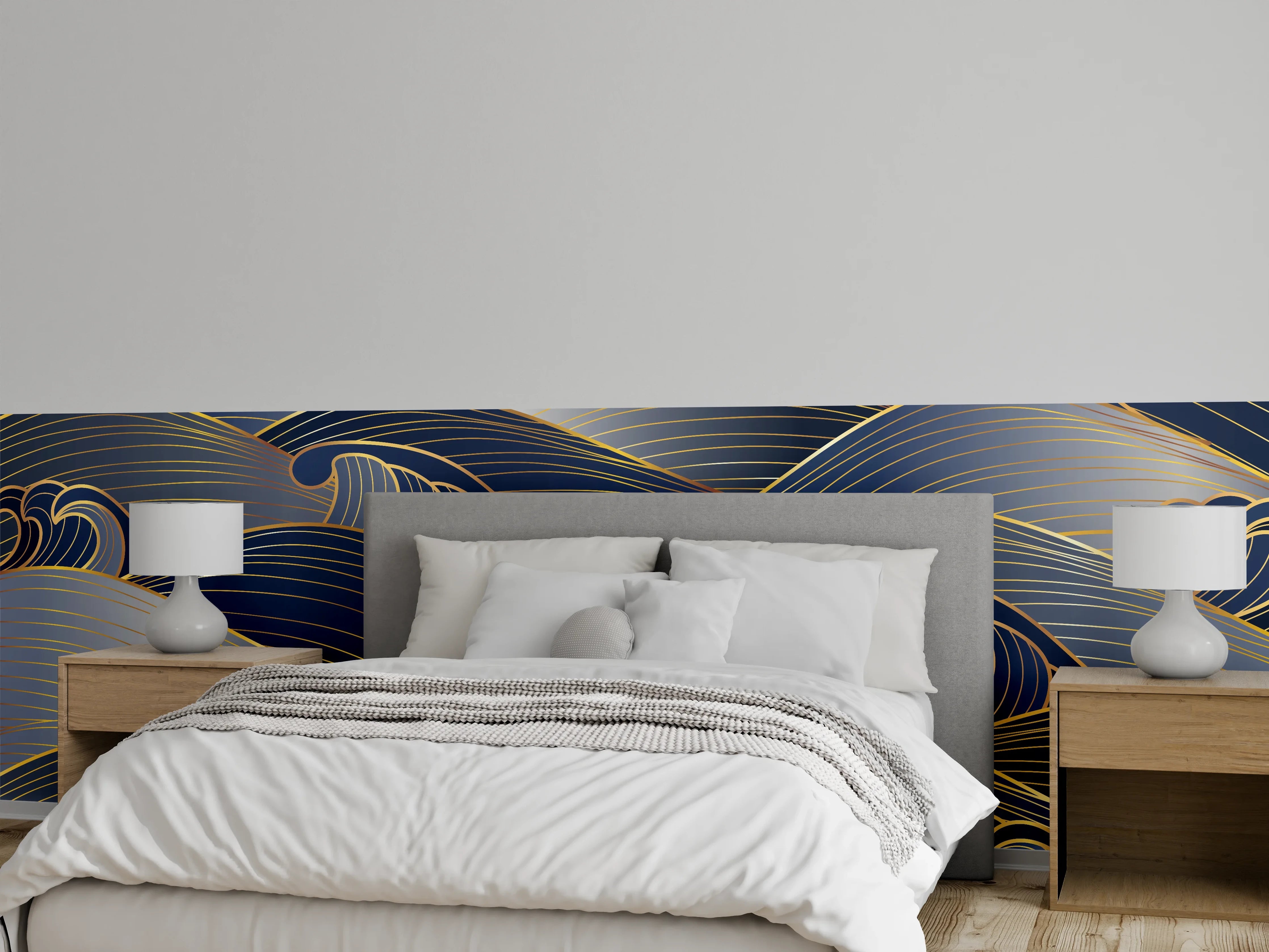 Wandverkleidung Schlafzimmer - Elegante Gold-Blau Wellentextur
