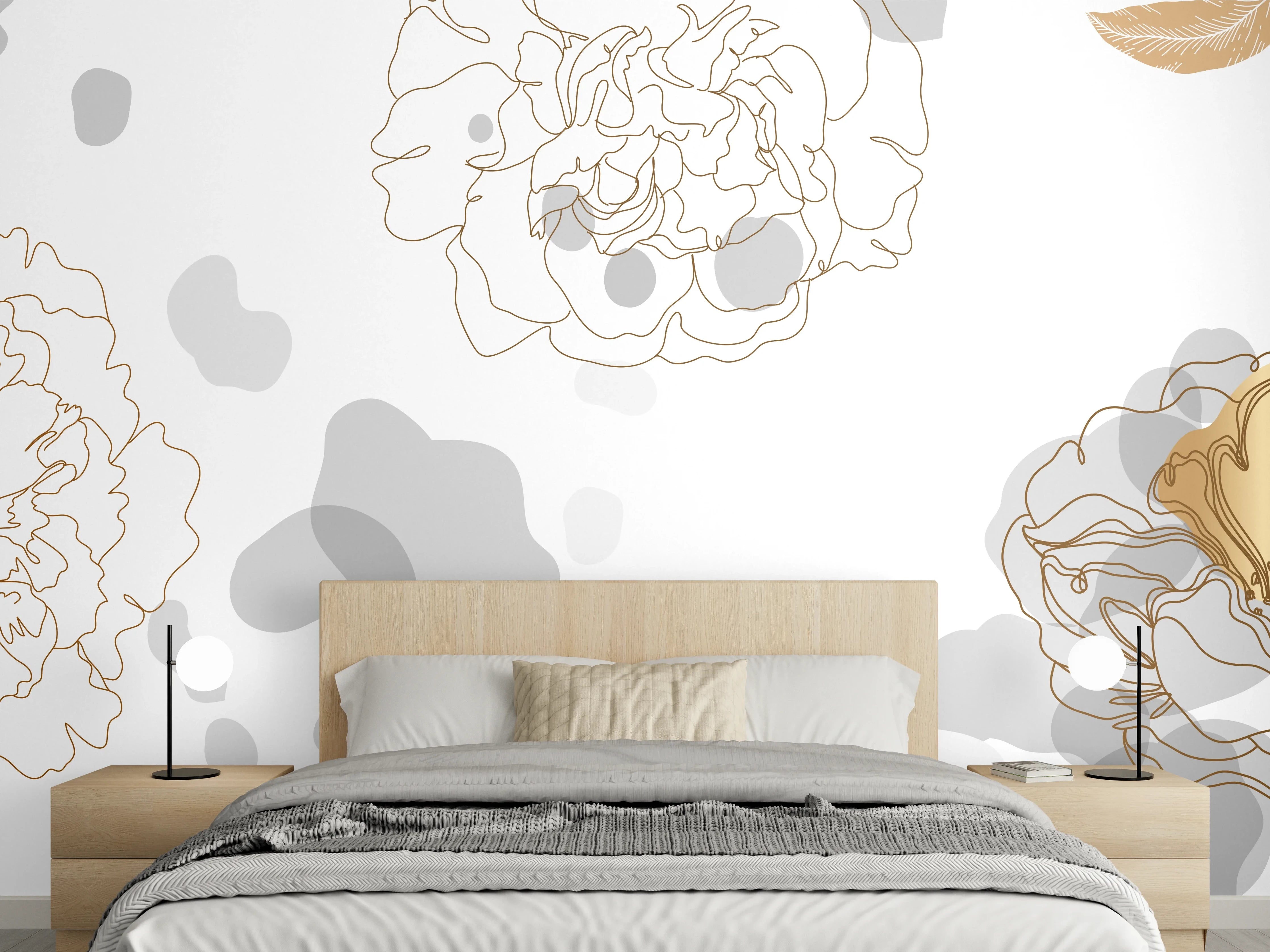 Wandverkleidung Schlafzimmer - Elegante Gold-Grau Floral Kunst