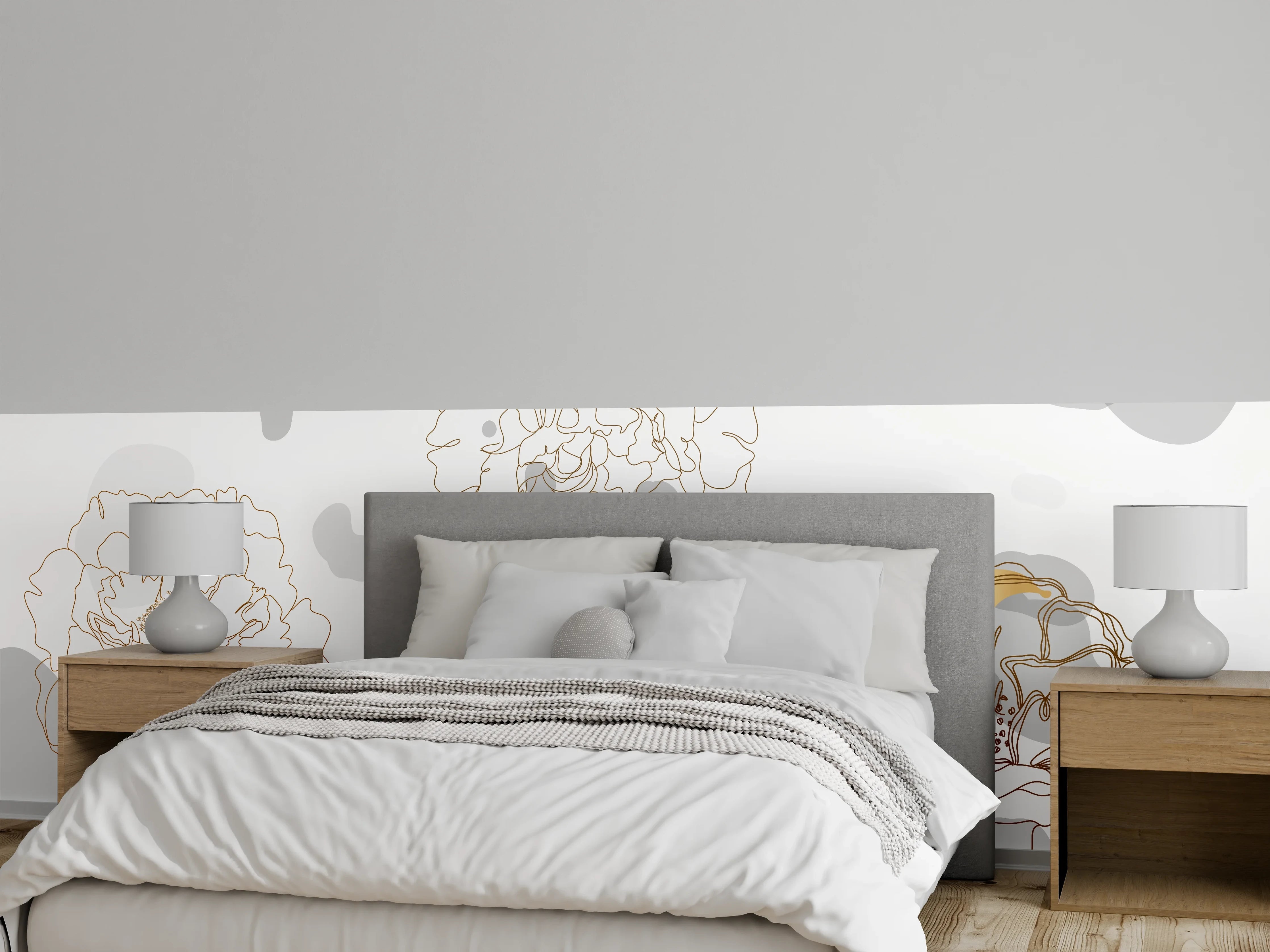 Wandverkleidung Schlafzimmer - Elegante Gold-Grau Floral Kunst