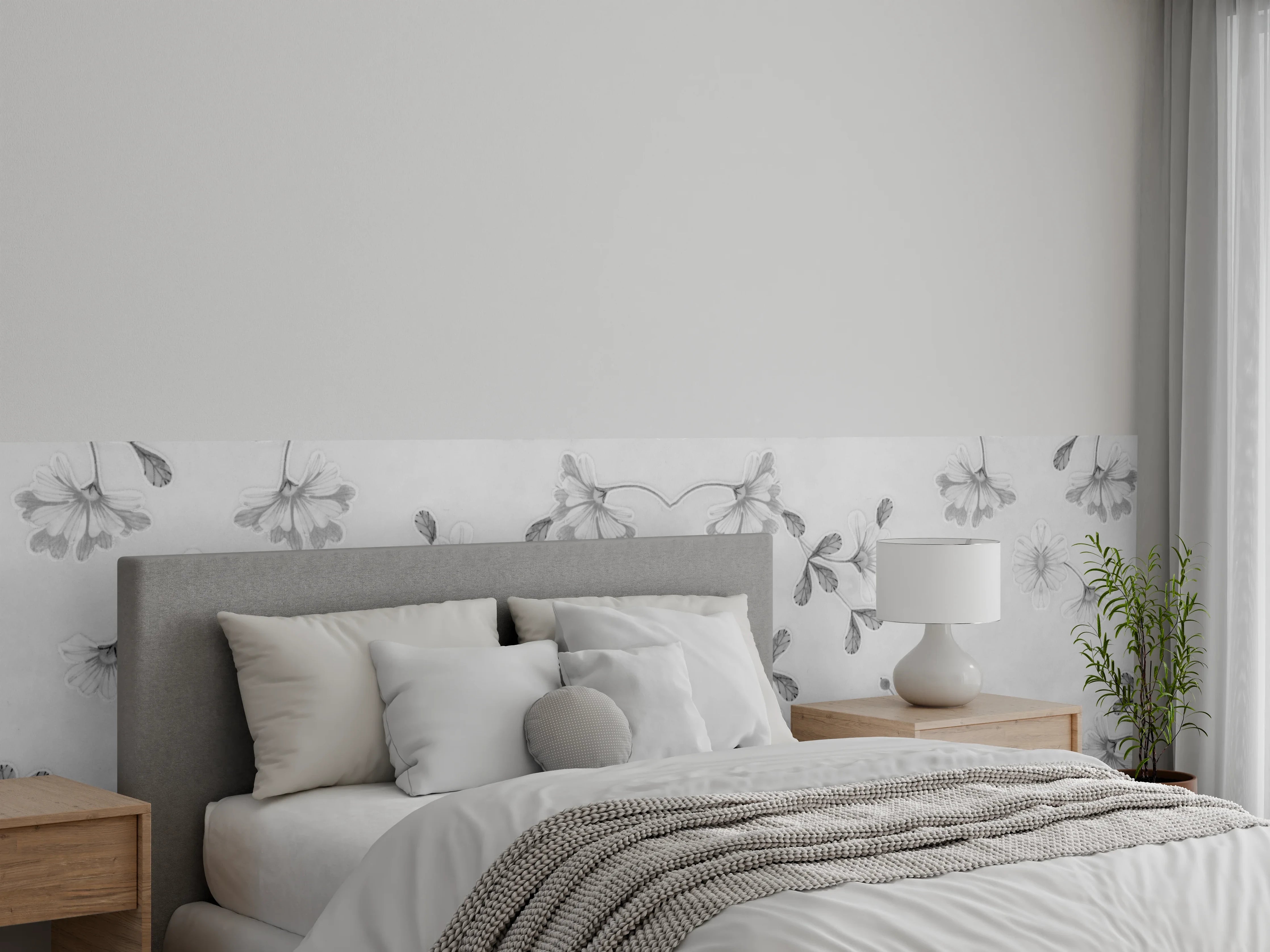 Wandverkleidung Schlafzimmer - Elegante Grau-Weiße Blumenmuster