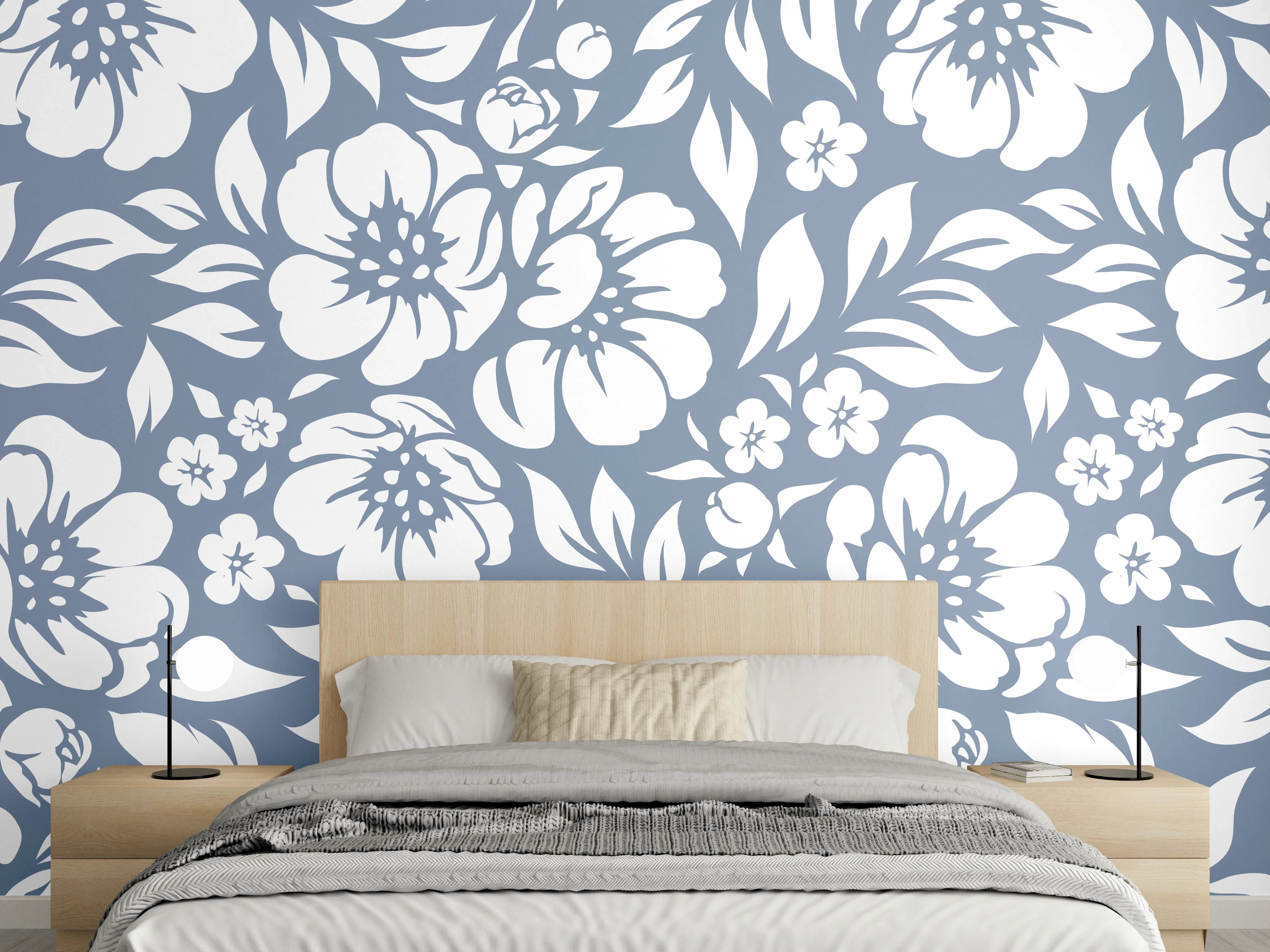 Wandverkleidung Schlafzimmer - Elegante Grautöne im blauen und weißen Blumendesign