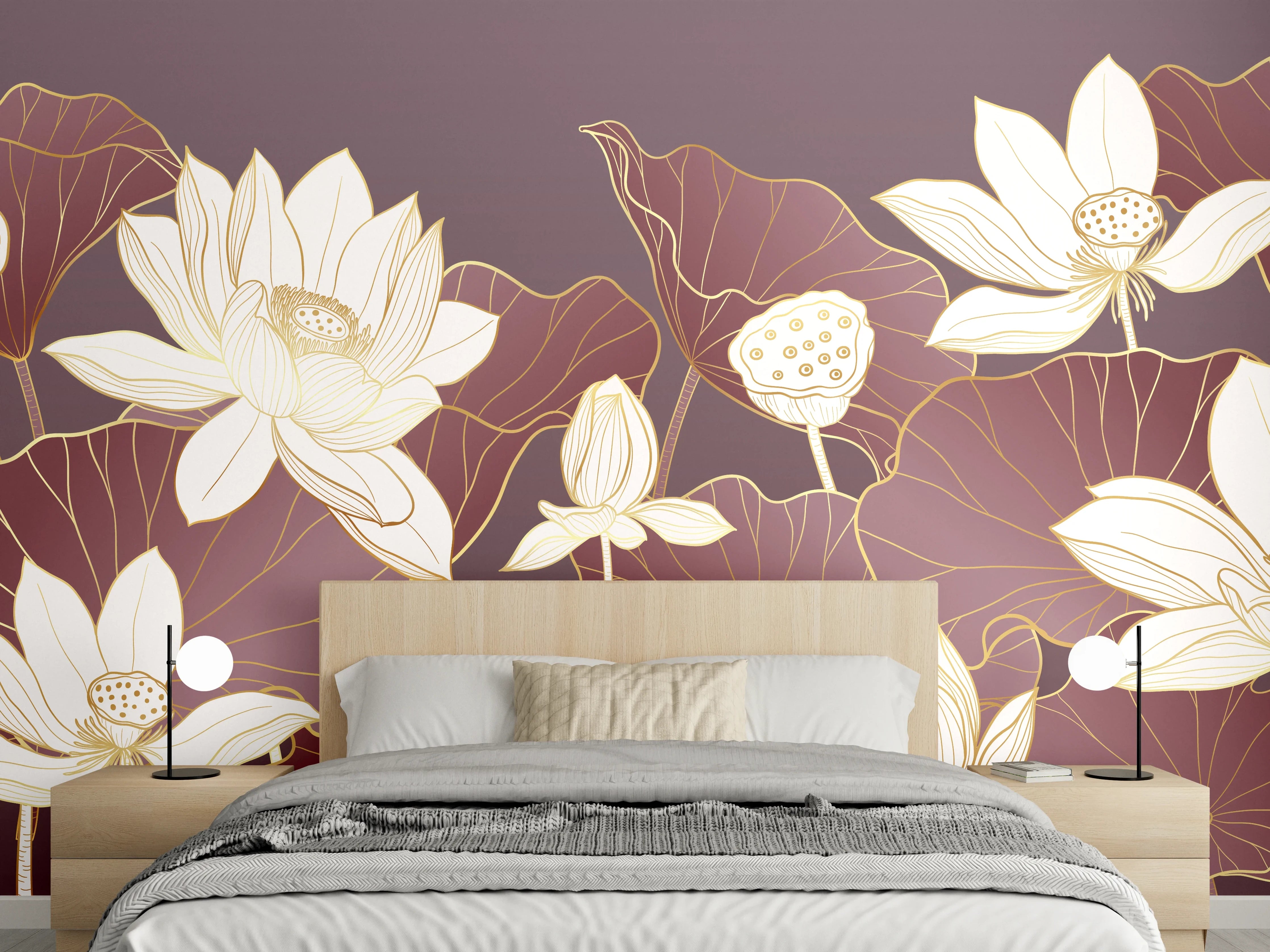 Wandverkleidung Schlafzimmer - Elegante Lotusblüten Illustration Bordeaux Gold