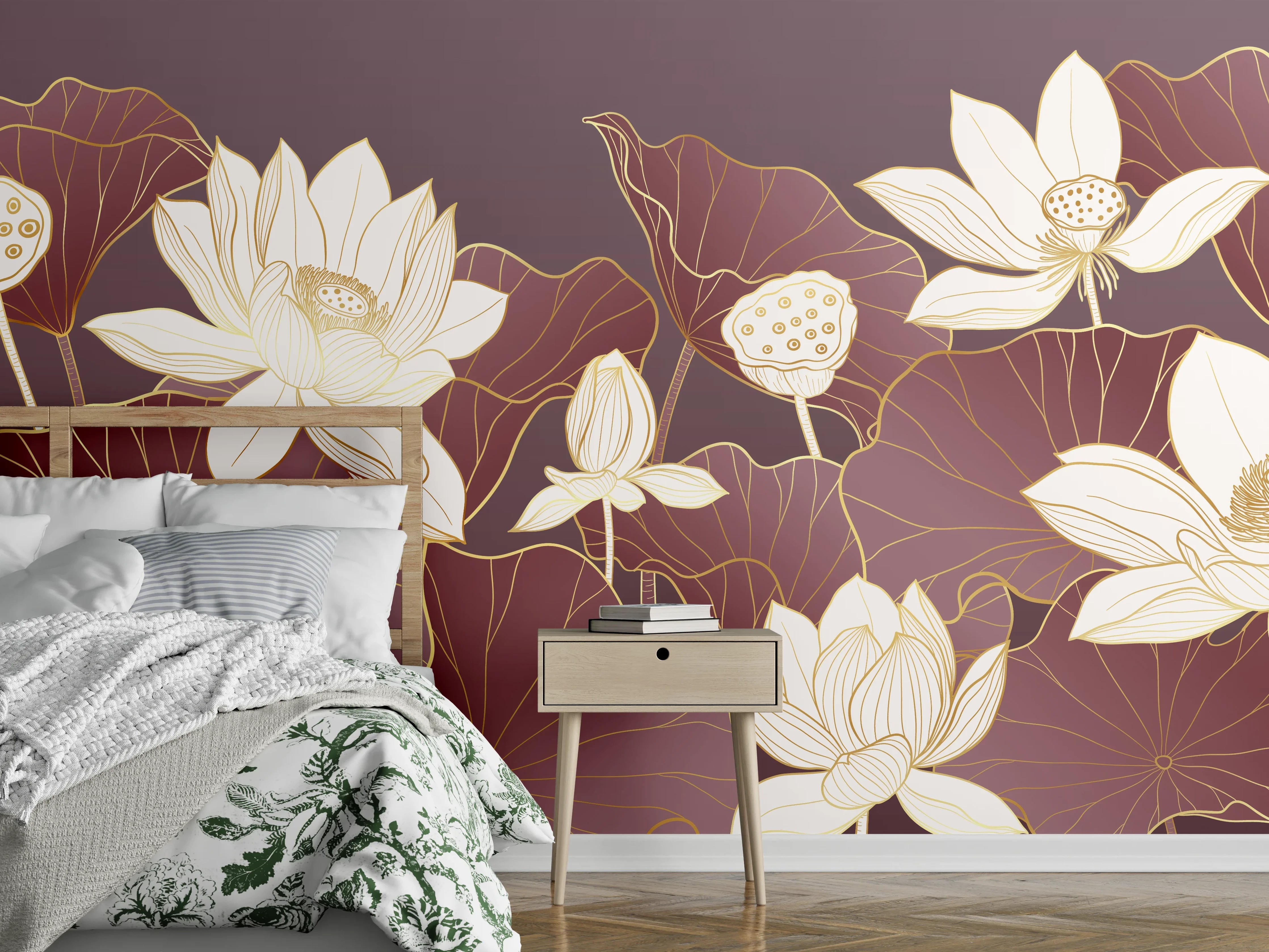 Wandverkleidung Schlafzimmer - Elegante Lotusblüten Illustration Bordeaux Gold