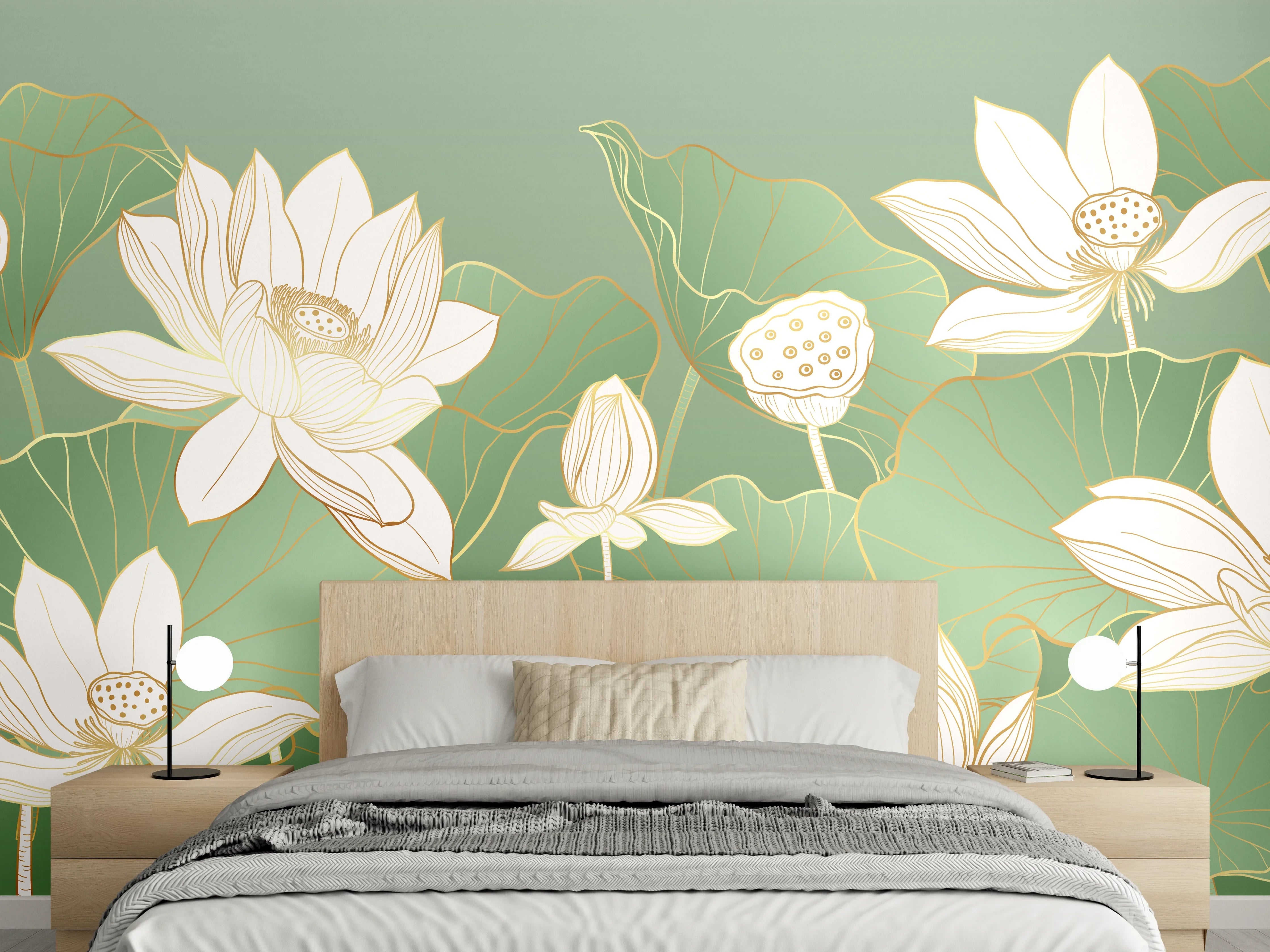 Wandverkleidung Schlafzimmer - Elegante Lotusblüten Illustration Grün Weiß