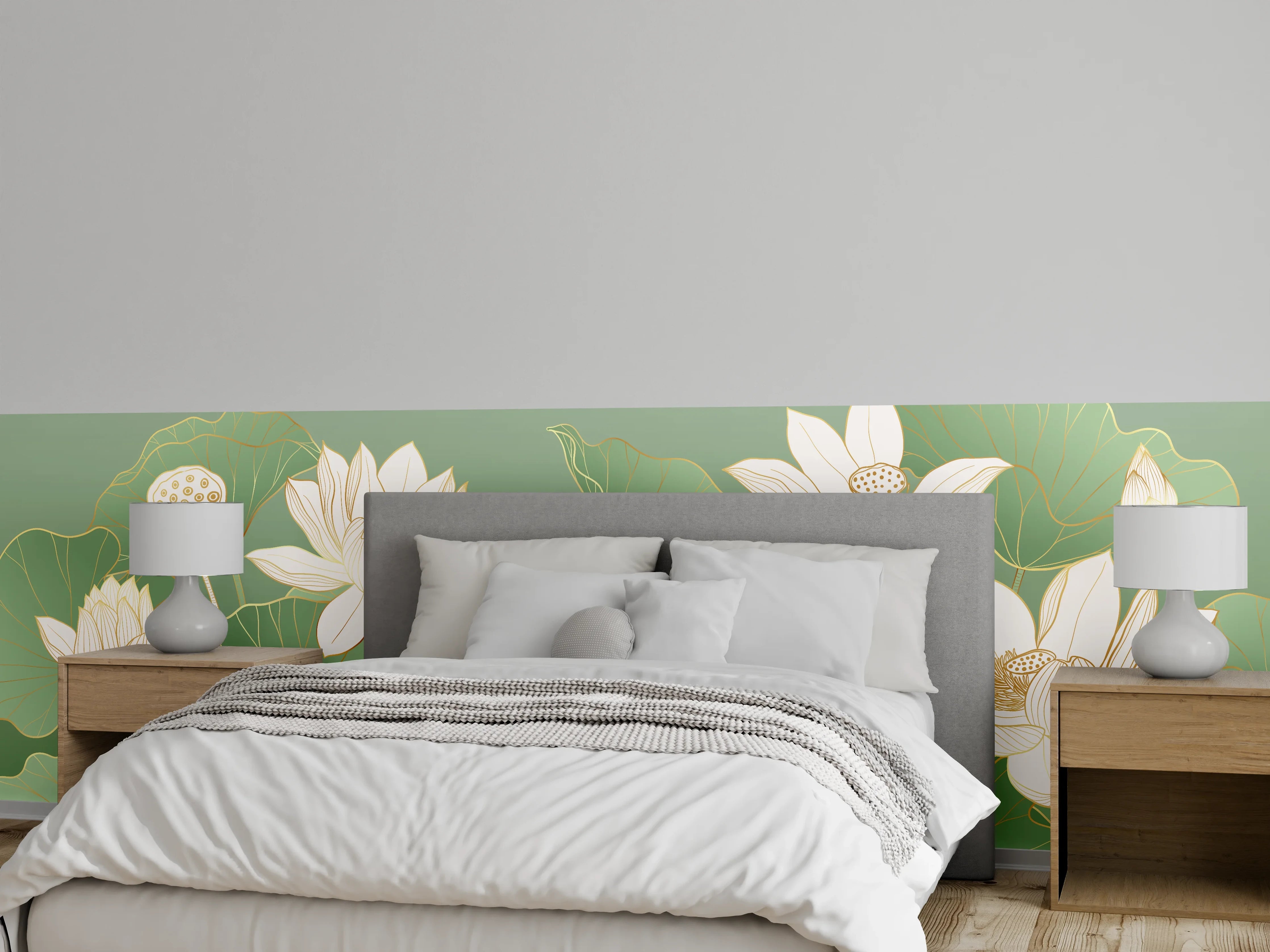 Wandverkleidung Schlafzimmer - Elegante Lotusblüten Illustration Grün Weiß