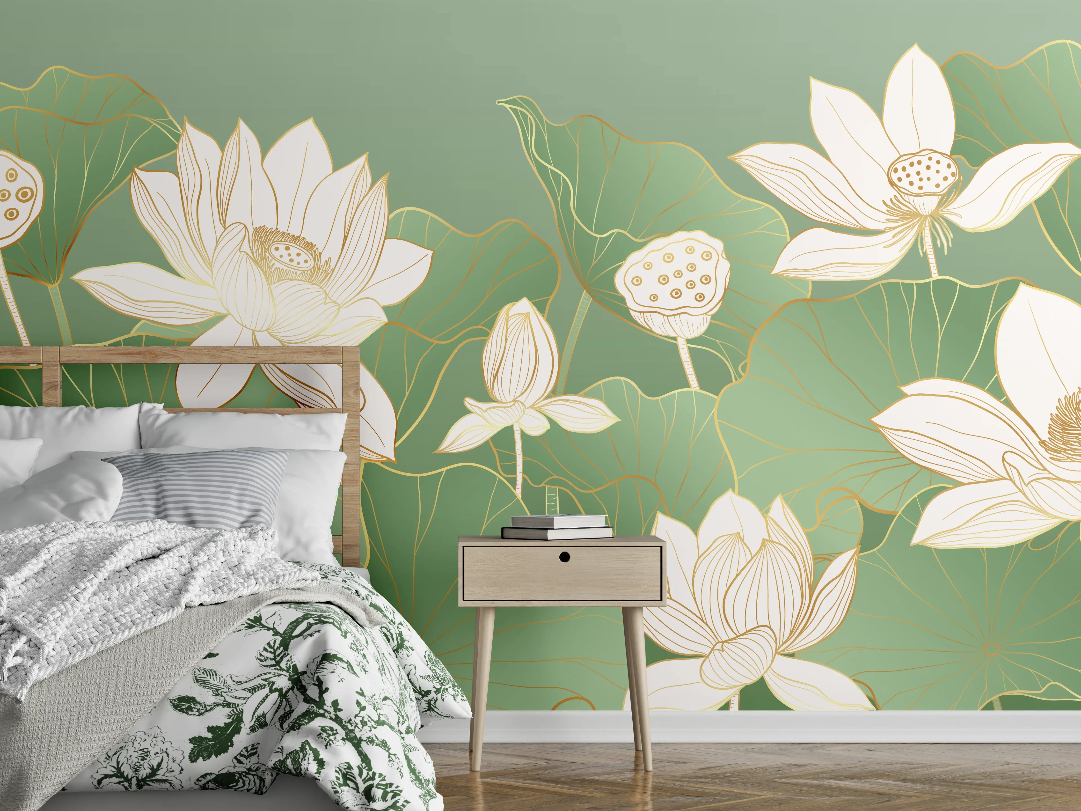 Wandverkleidung Schlafzimmer - Elegante Lotusblüten Illustration Grün Weiß