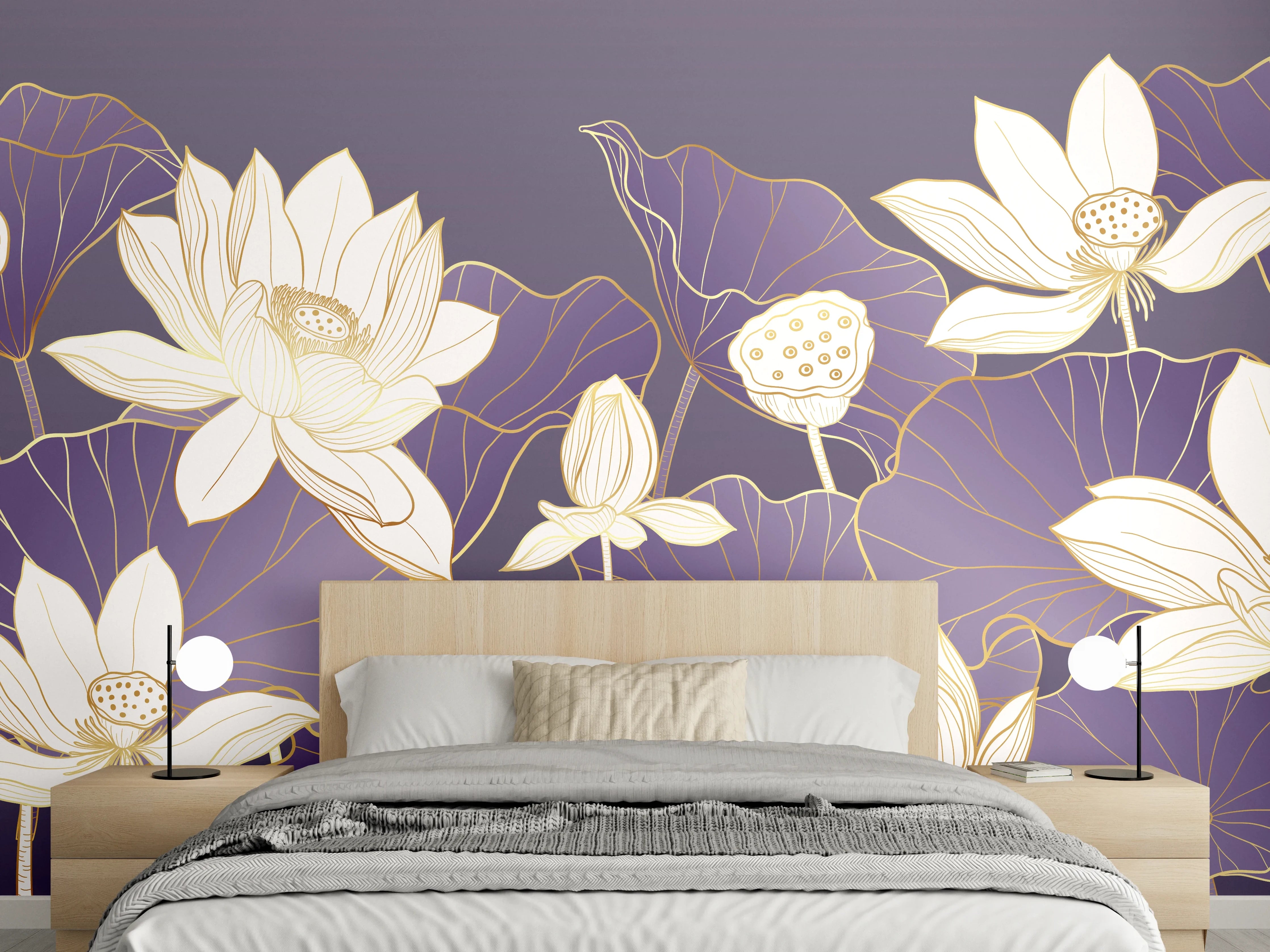 Wandverkleidung Schlafzimmer - Elegante Lotusblüten Illustration Lila Gold