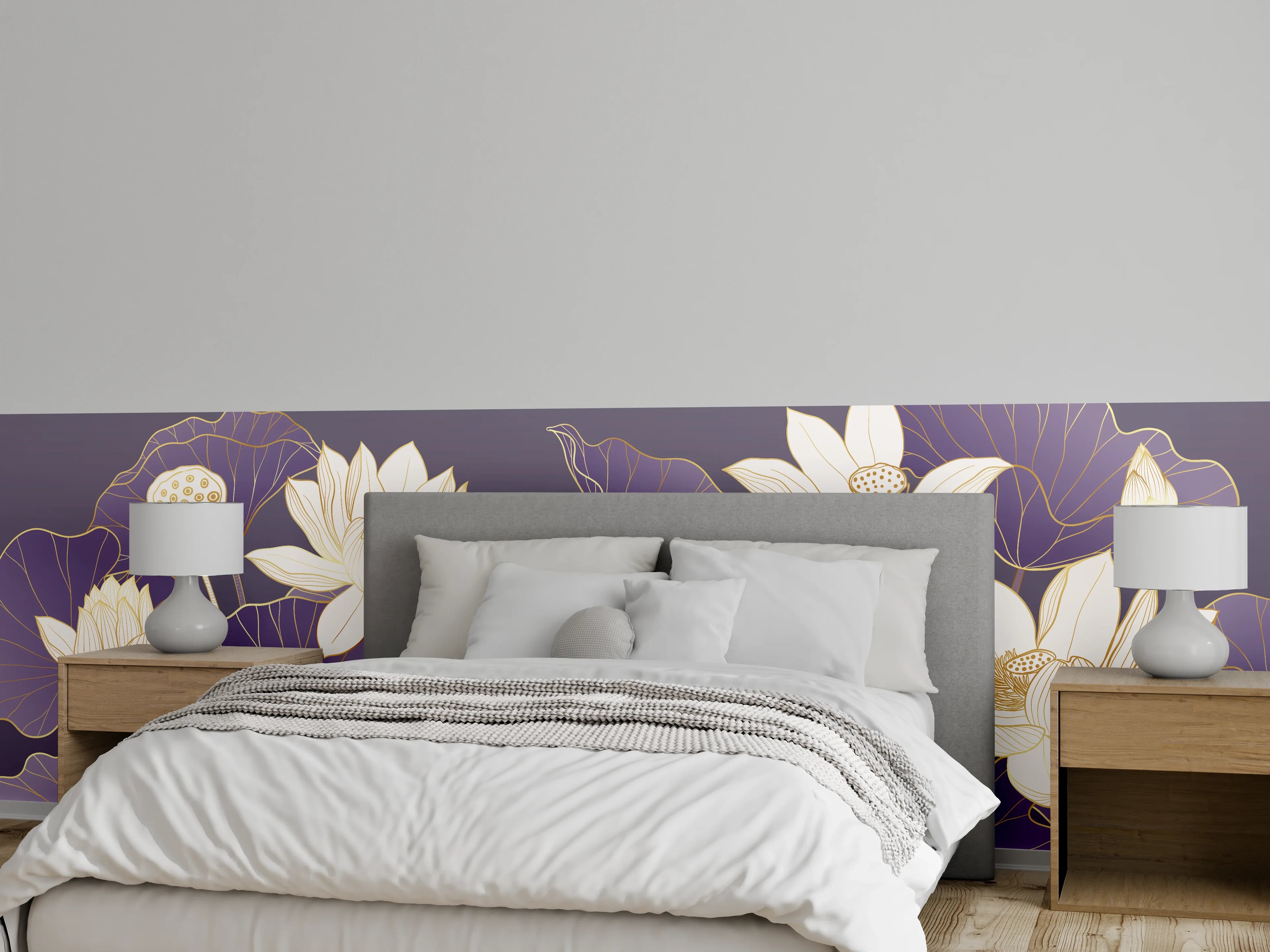 Wandverkleidung Schlafzimmer - Elegante Lotusblüten Illustration Lila Gold