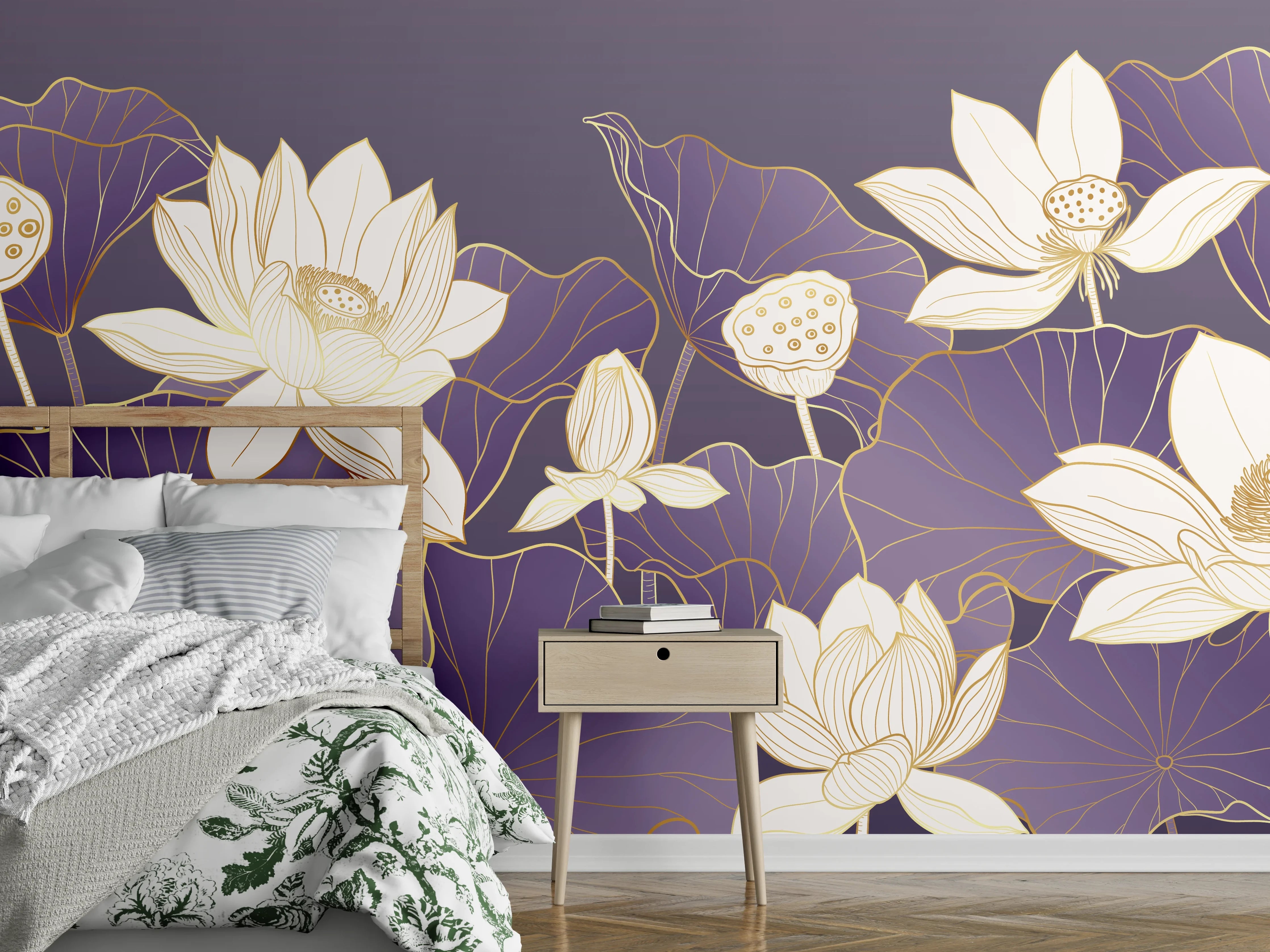Wandverkleidung Schlafzimmer - Elegante Lotusblüten Illustration Lila Gold
