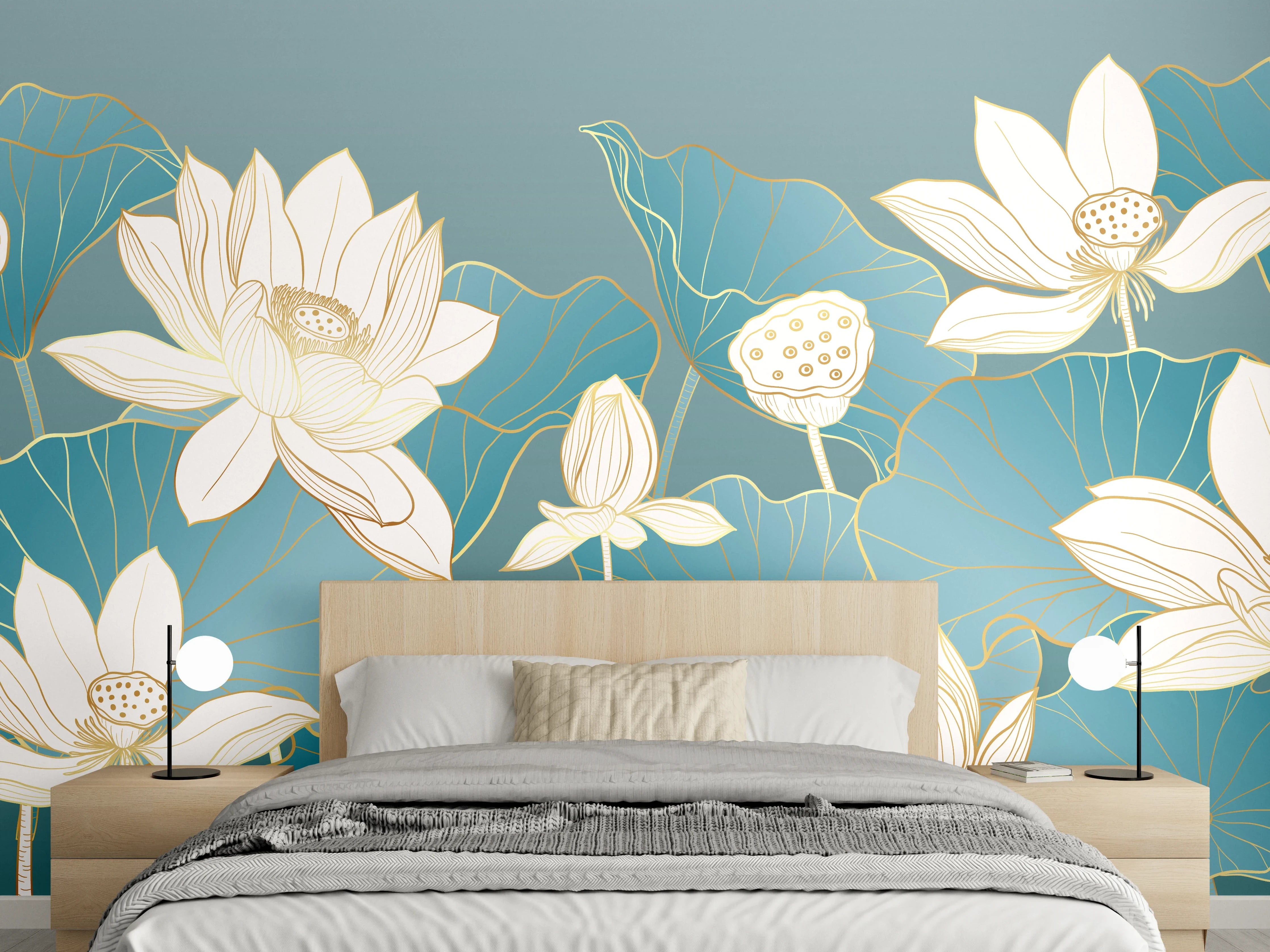 Wandverkleidung Schlafzimmer - Elegante Lotusblüten auf Blaugrün