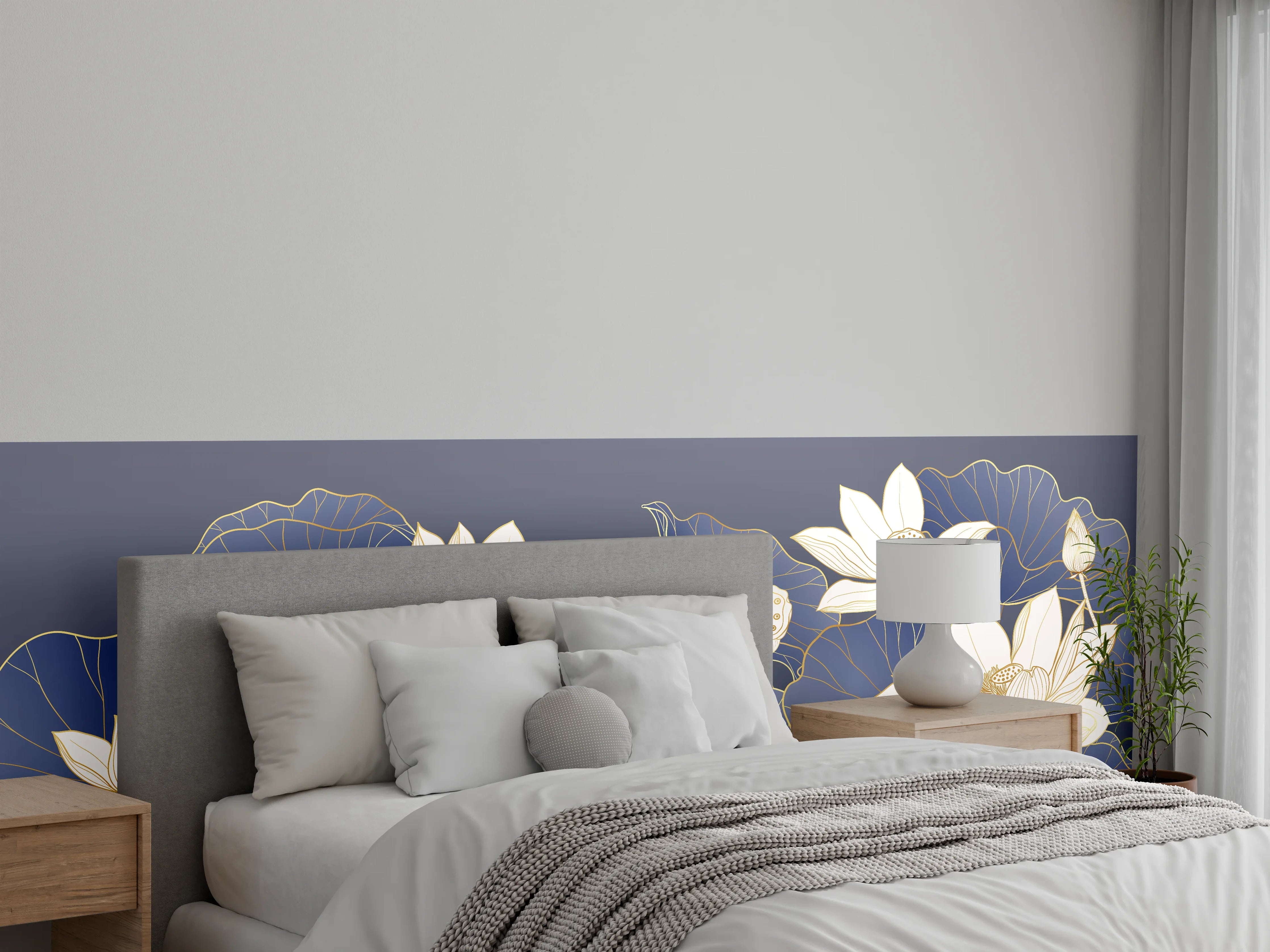 Wandverkleidung Schlafzimmer - Elegante Lotusblumen auf blauem Hintergrund