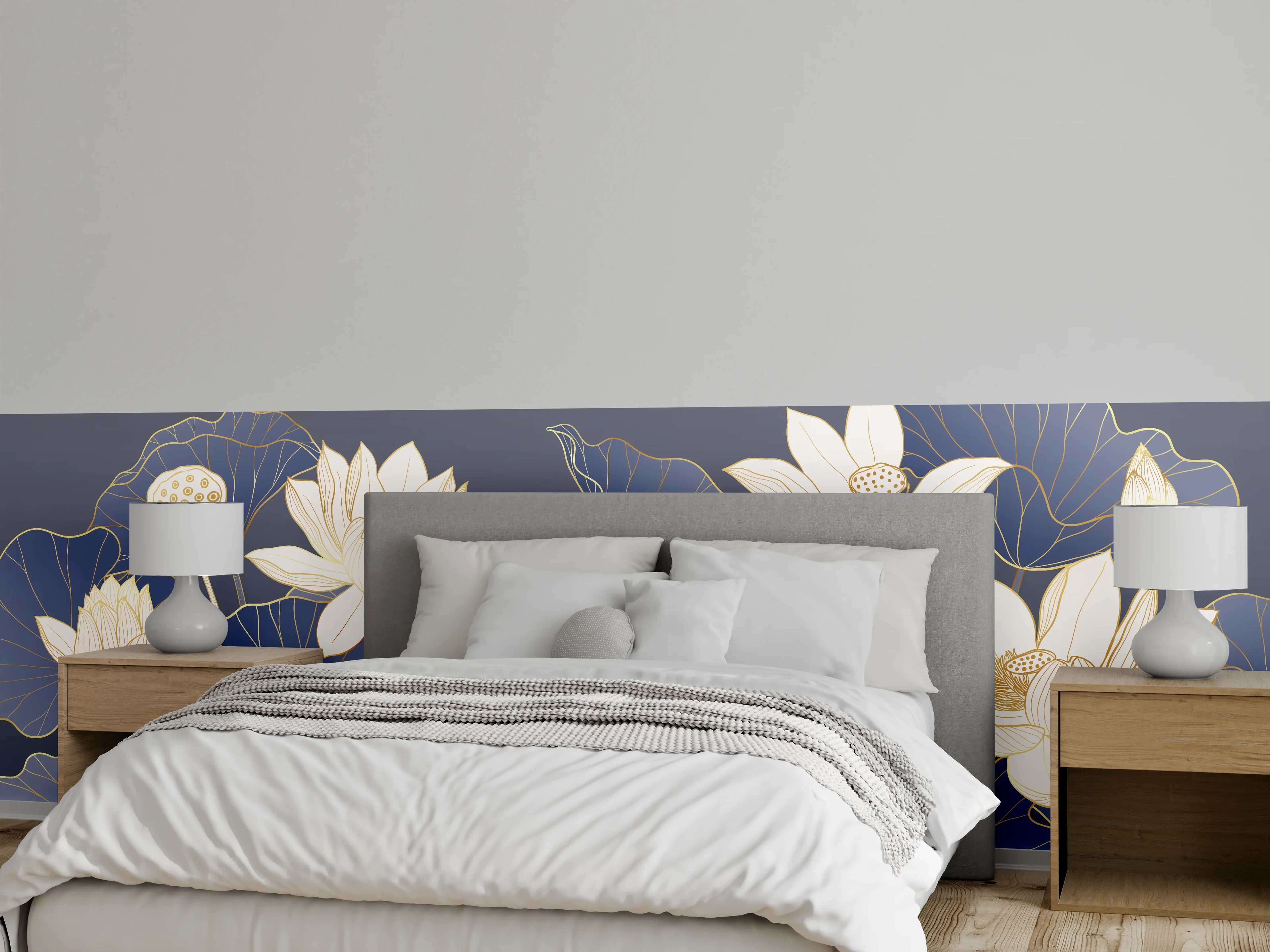Wandverkleidung Schlafzimmer - Elegante Lotusblumen auf blauem Hintergrund