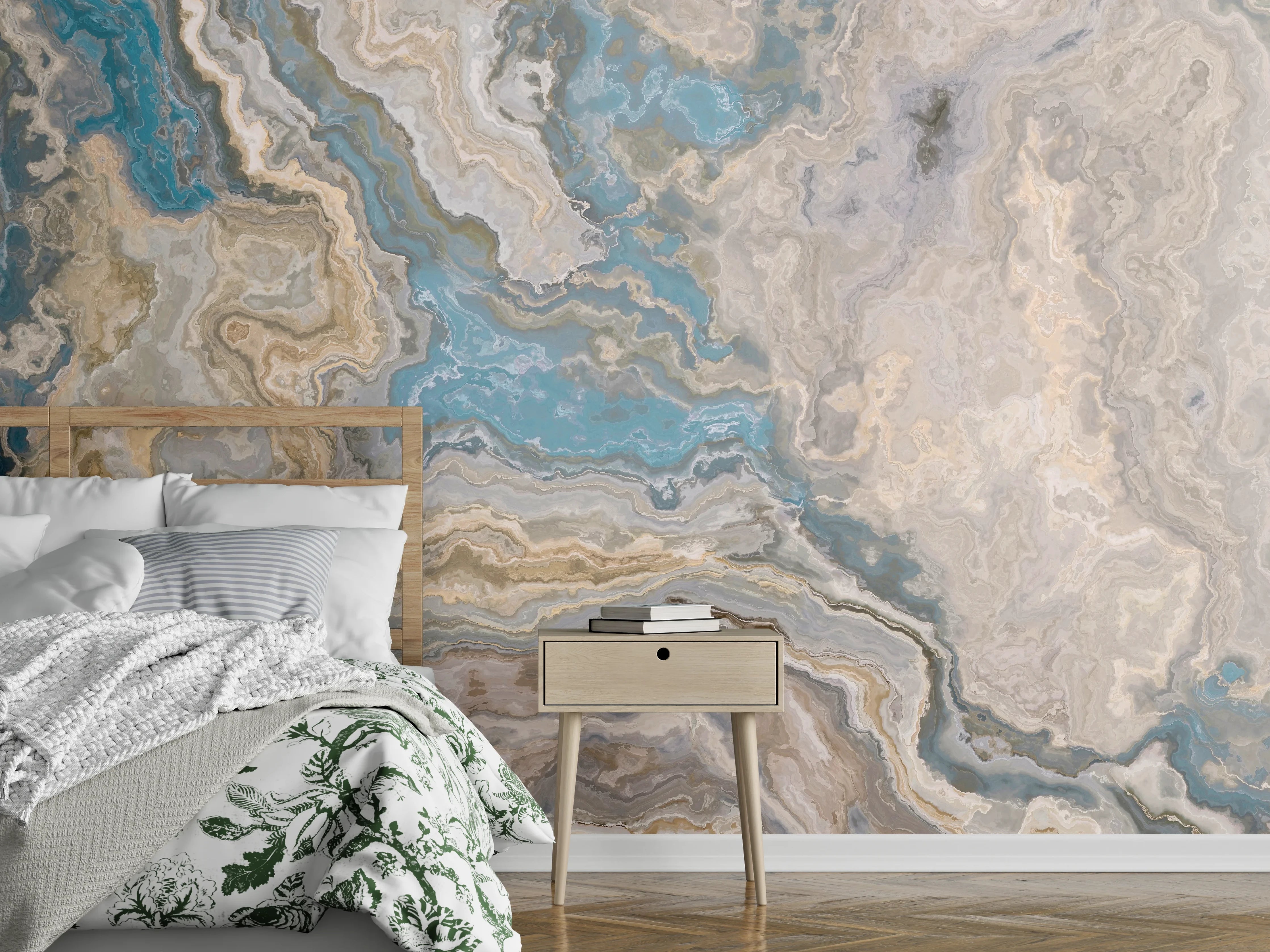 Wandverkleidung Schlafzimmer - Elegante Marmoroptik in Beige und Blau