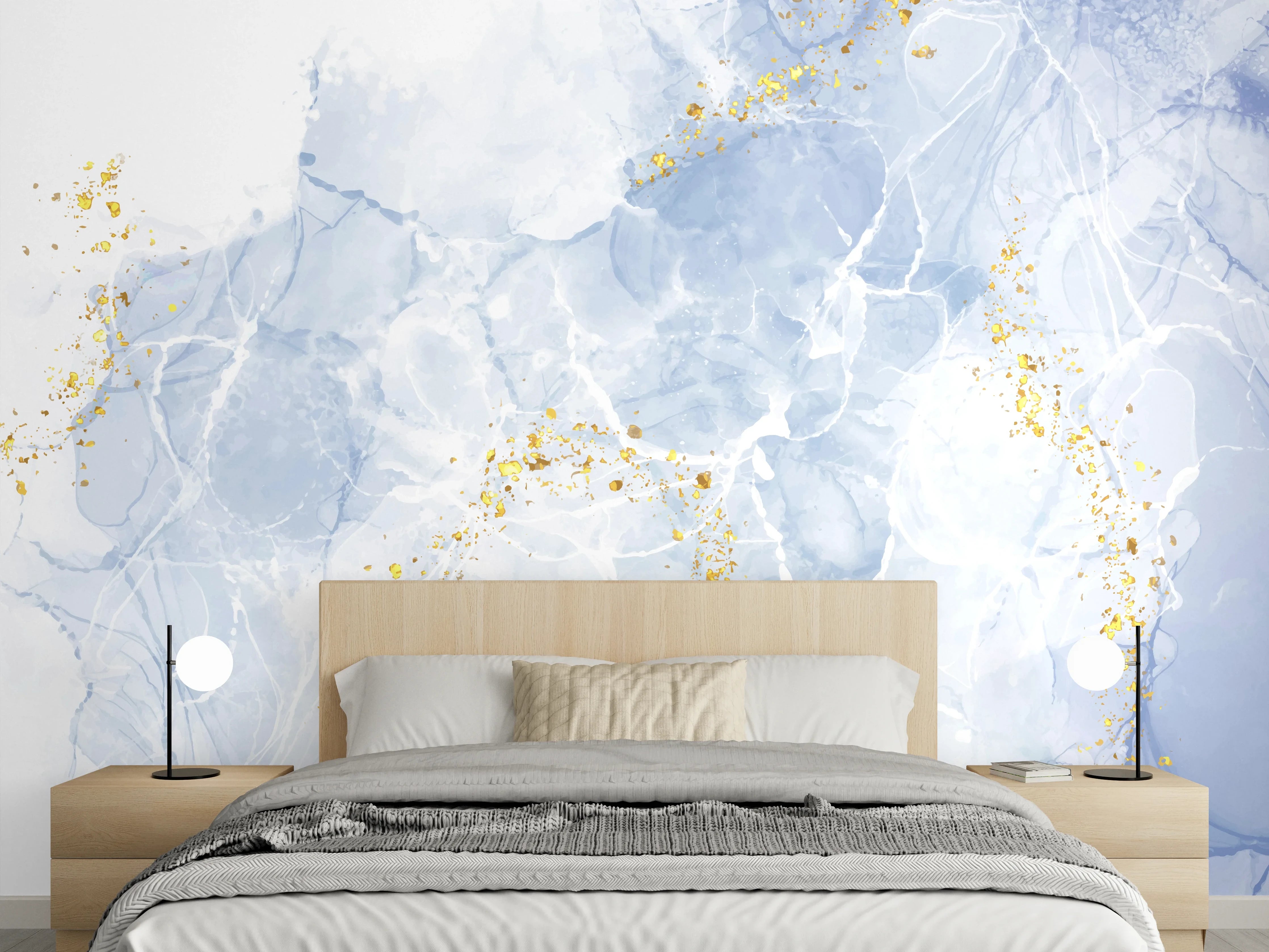 Wandverkleidung Schlafzimmer - Elegante Marmoroptik in Blau-Weiß mit Gold