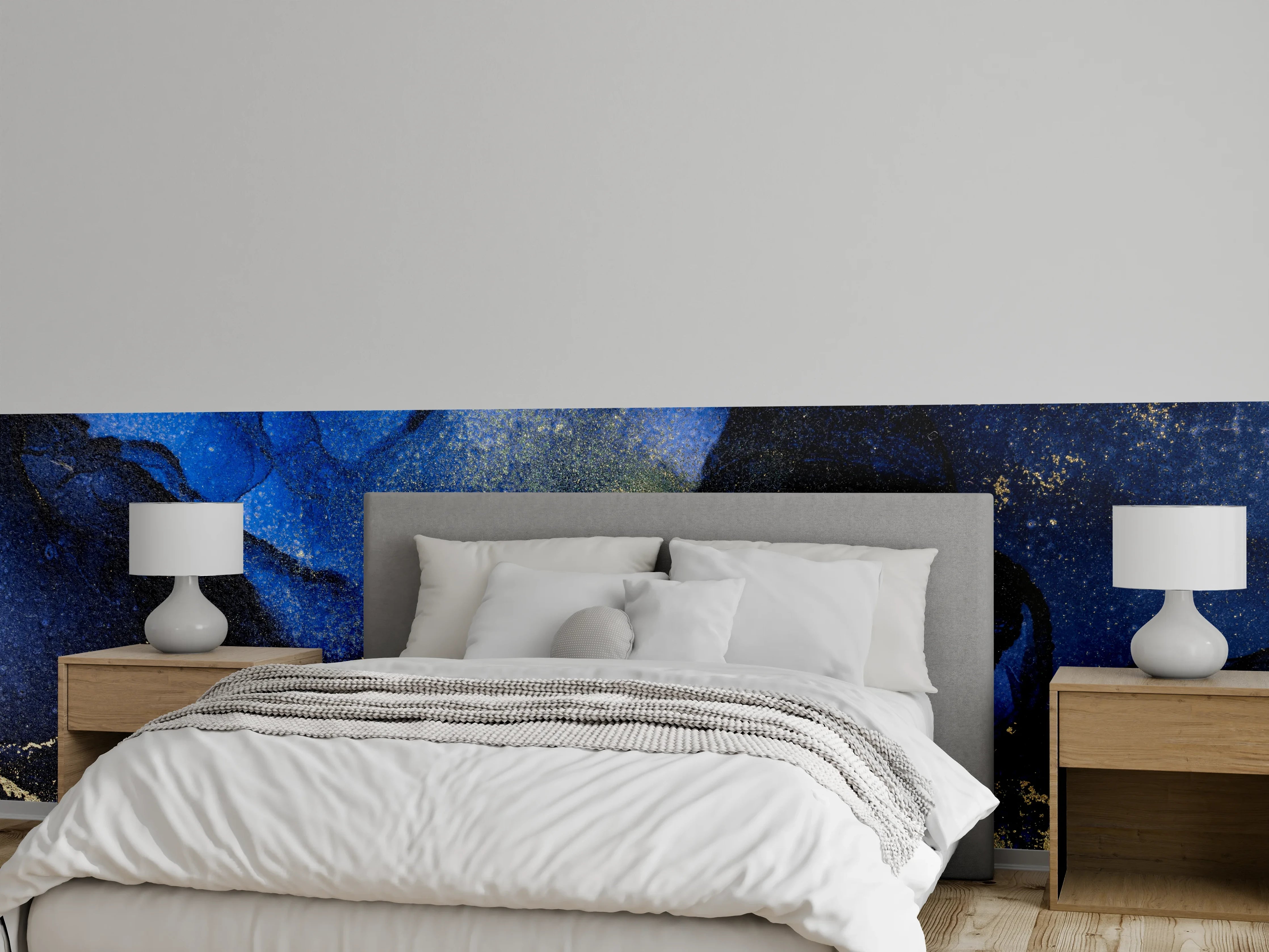 Wandverkleidung Schlafzimmer - Elegante Marmoroptik in Blau und Gold