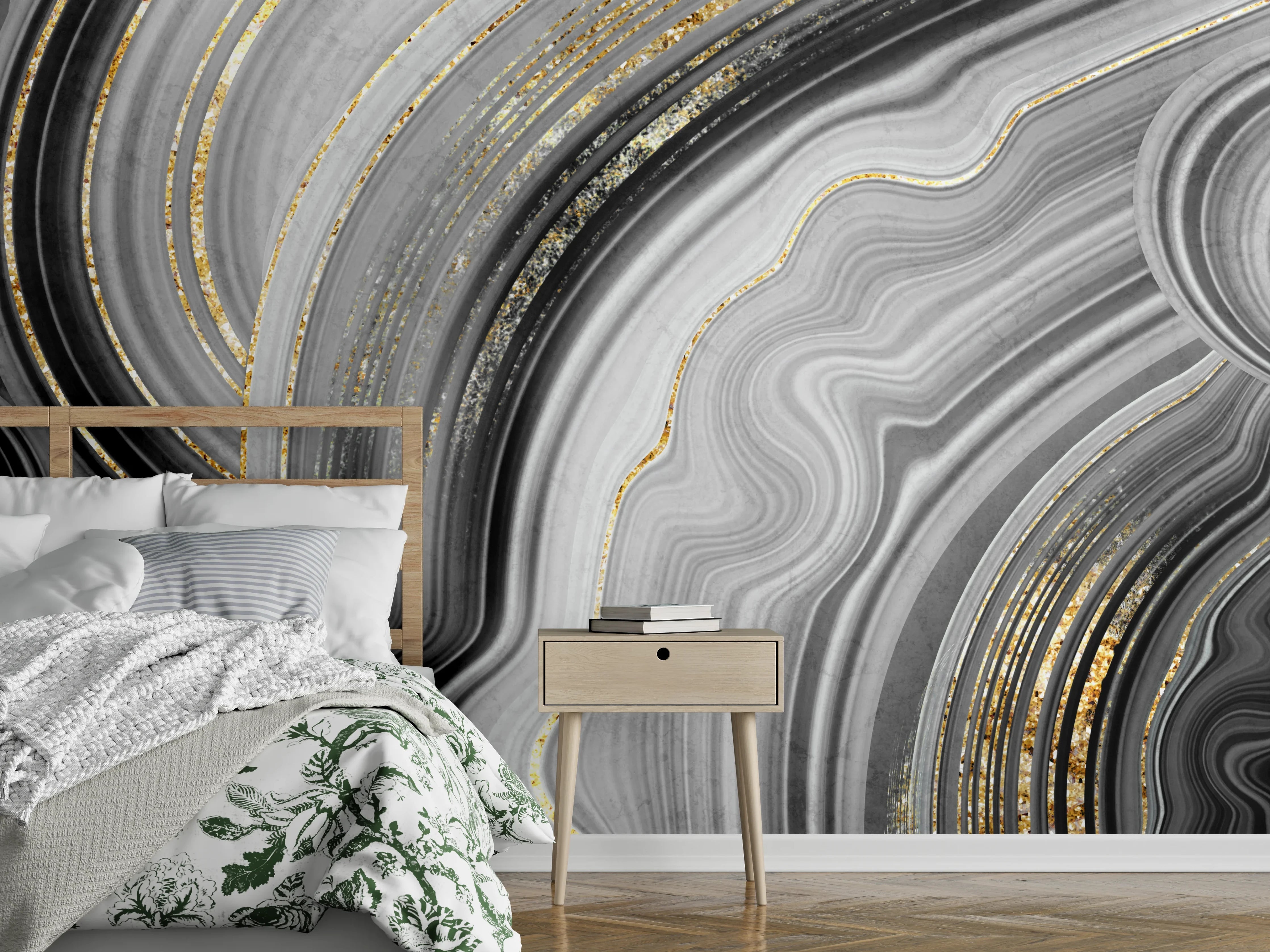 Wandverkleidung Schlafzimmer - Elegante Marmoroptik mit Goldakzenten