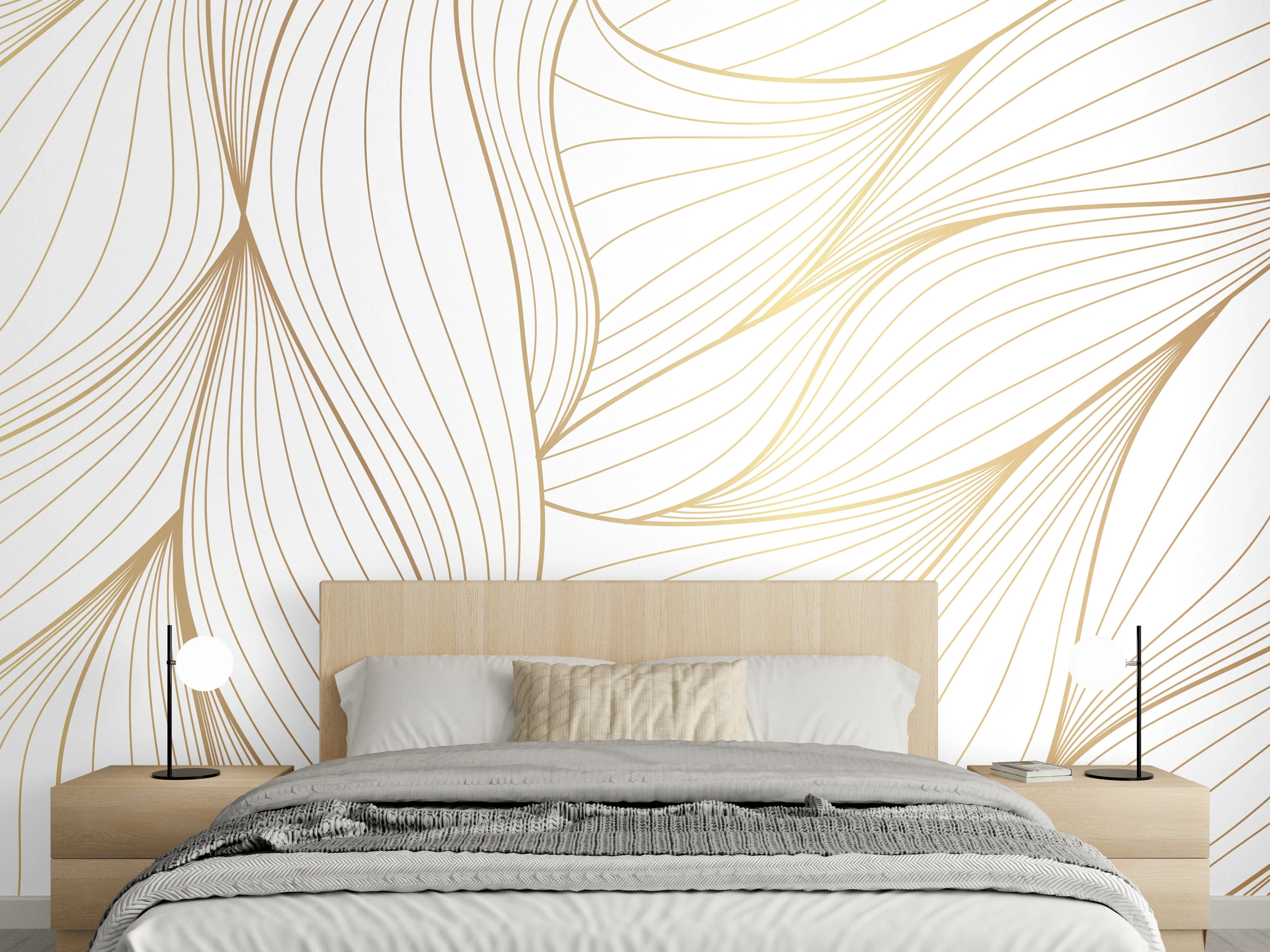 Wandverkleidung Schlafzimmer - Elegante Weiß-Beige Wellenlinien