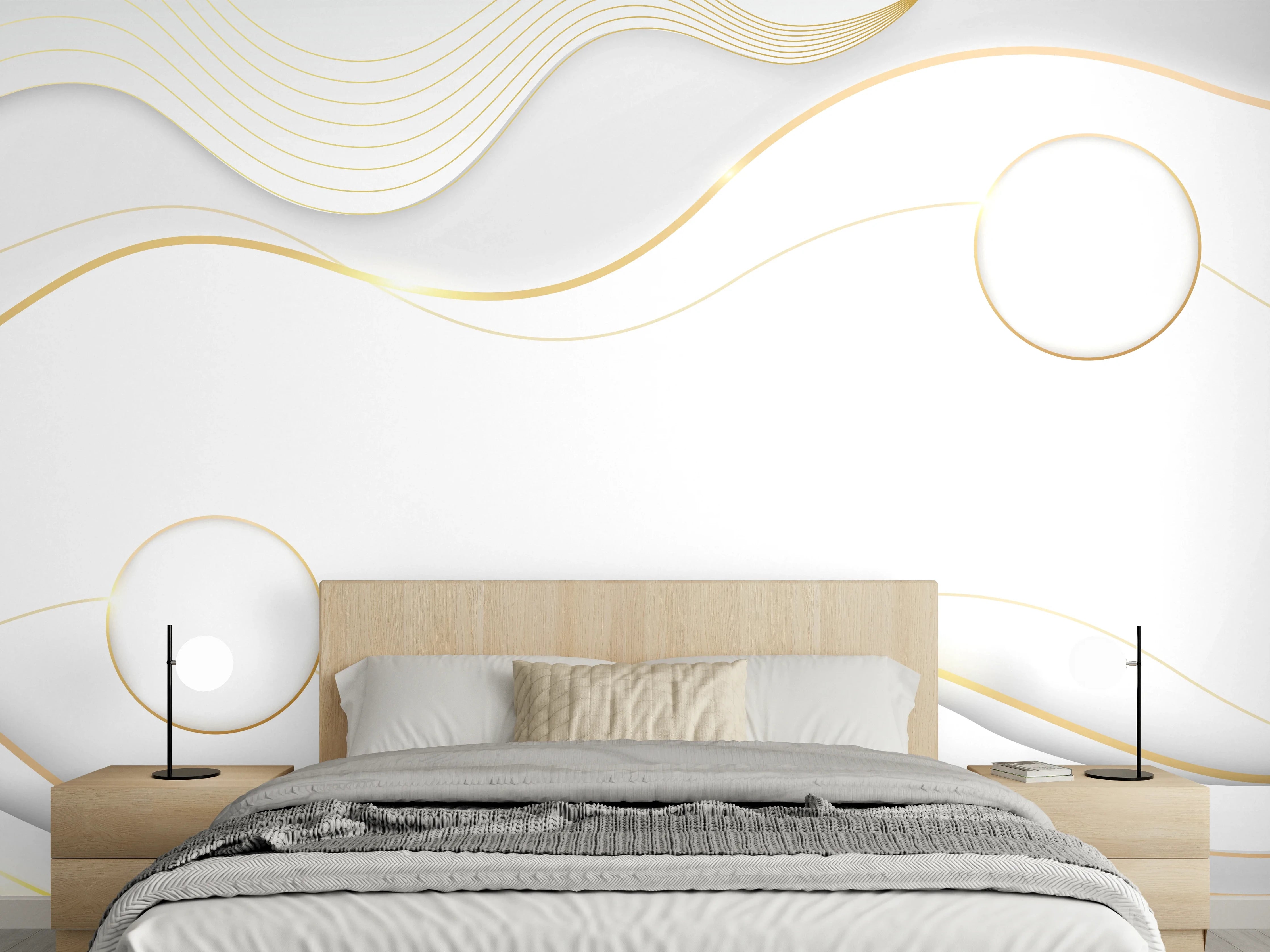 Wandverkleidung Schlafzimmer - Elegante Weiß-Gold Wellen-Design
