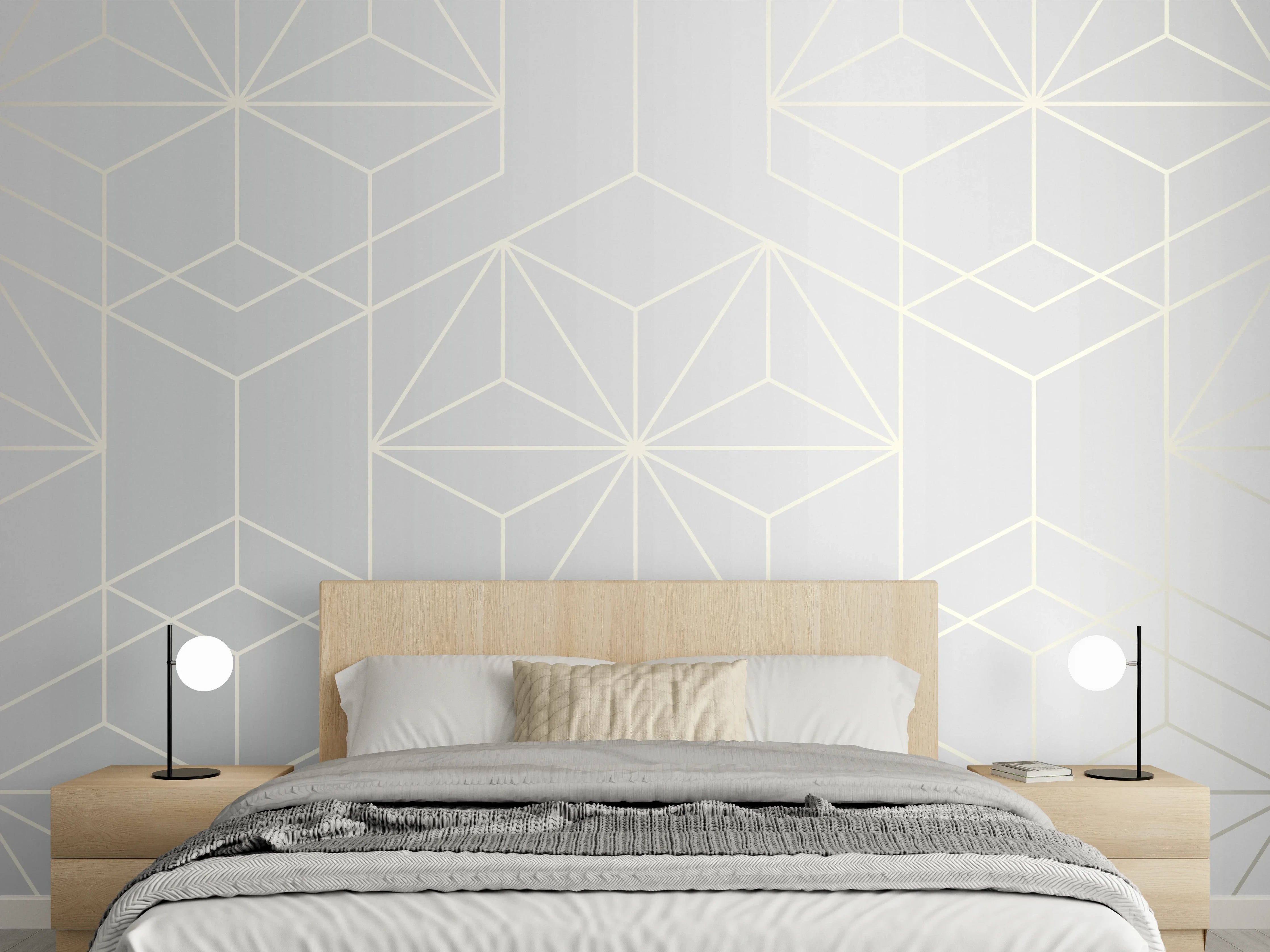 Wandverkleidung Schlafzimmer - Elegante Weiß-Grau-Geometrie