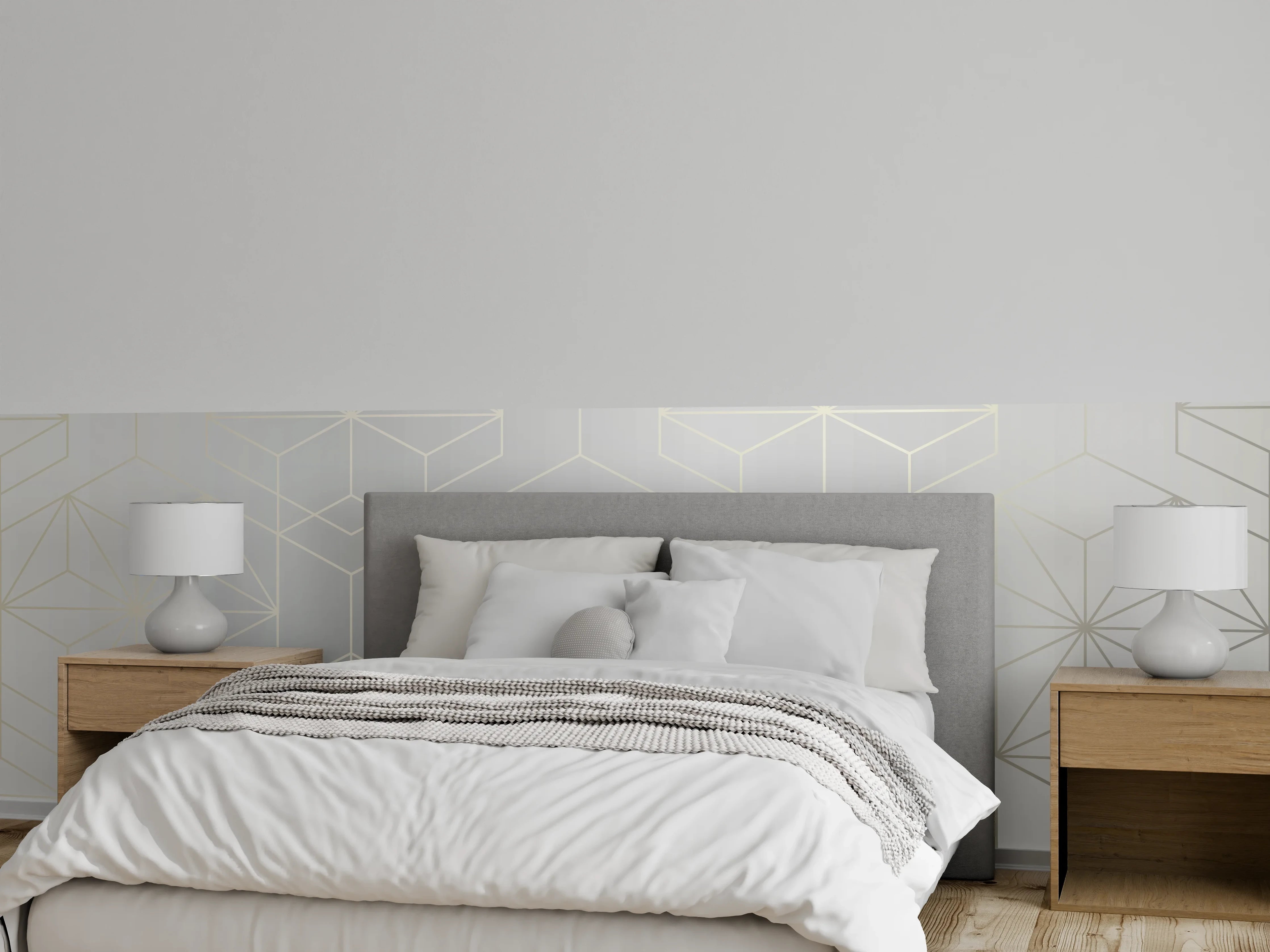 Wandverkleidung Schlafzimmer - Elegante Weiß-Grau-Geometrie