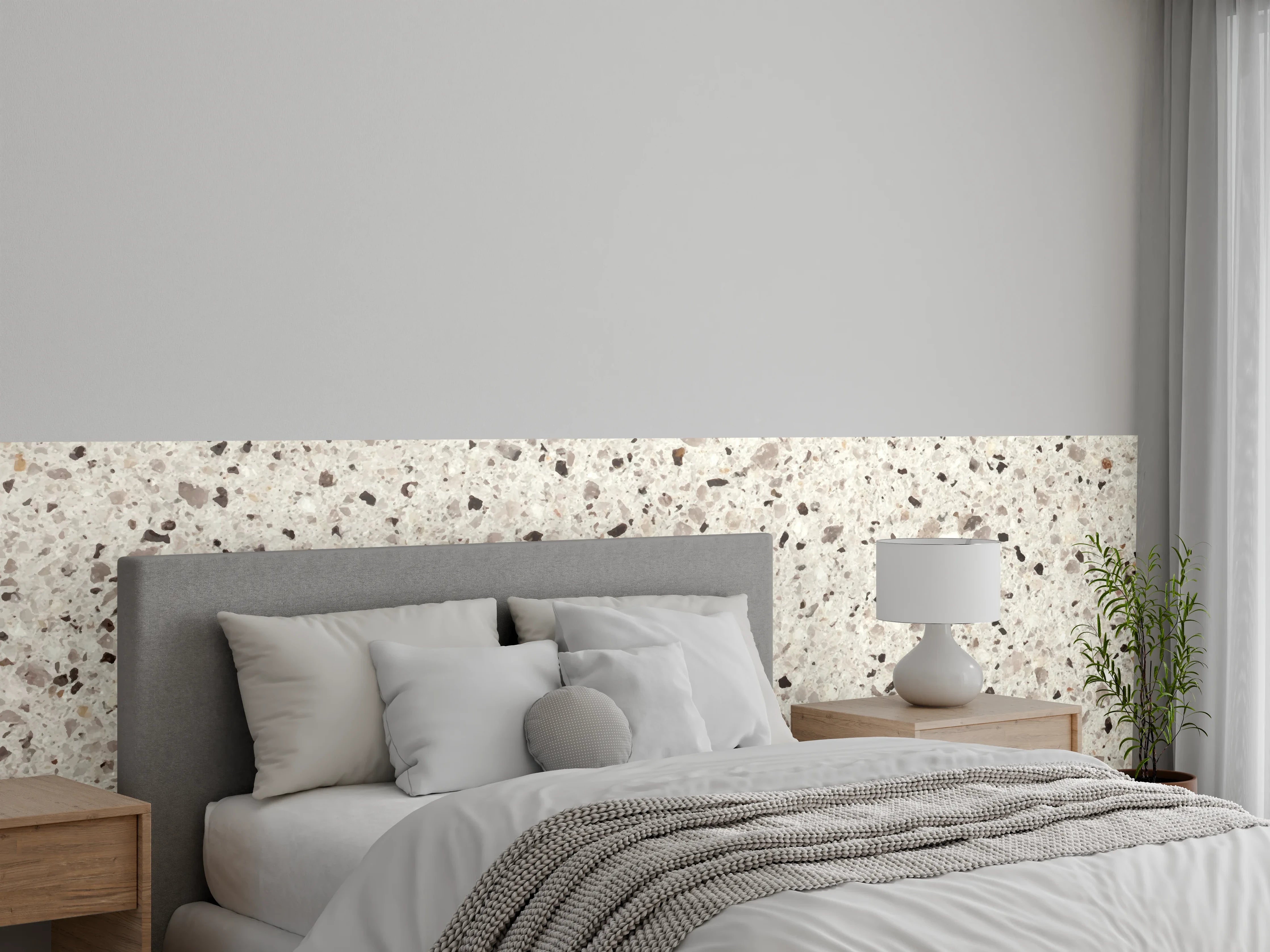 Wandverkleidung Schlafzimmer - Elegante Weiß-Grau Terrazzo-Optik