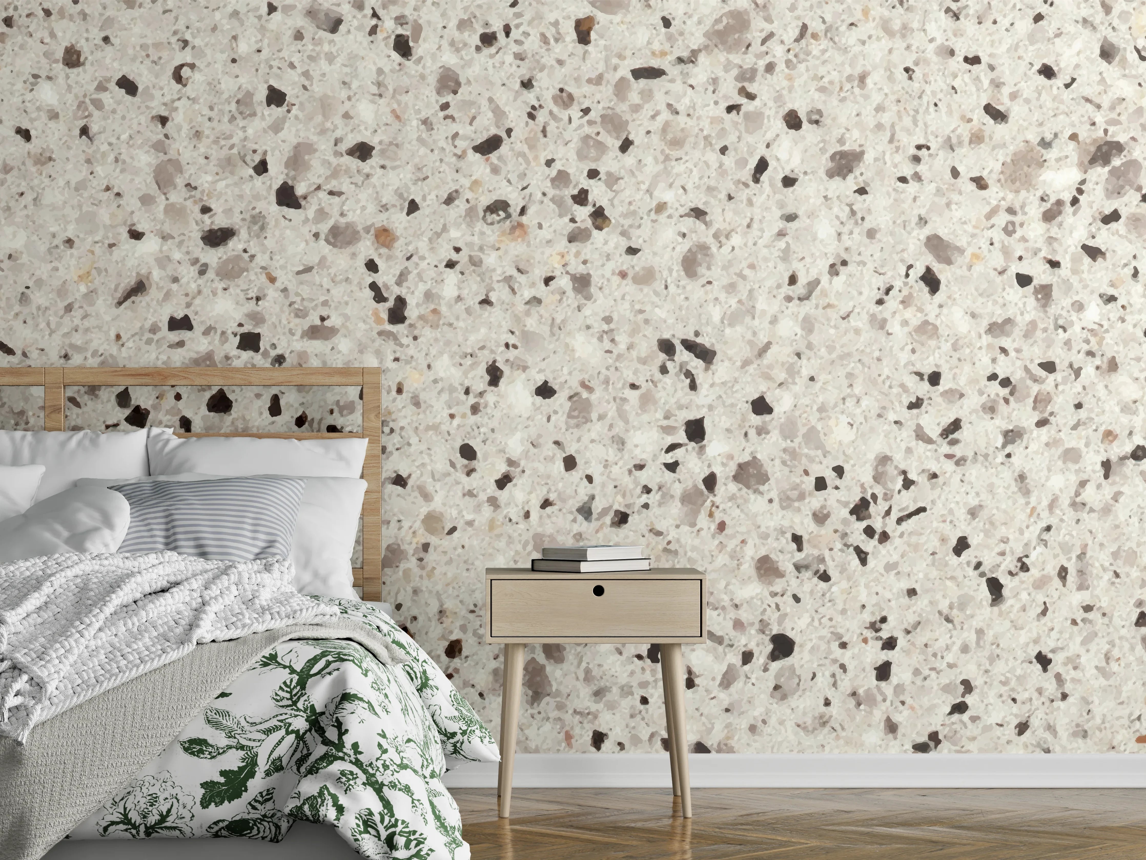 Wandverkleidung Schlafzimmer - Elegante Weiß-Grau Terrazzo-Optik