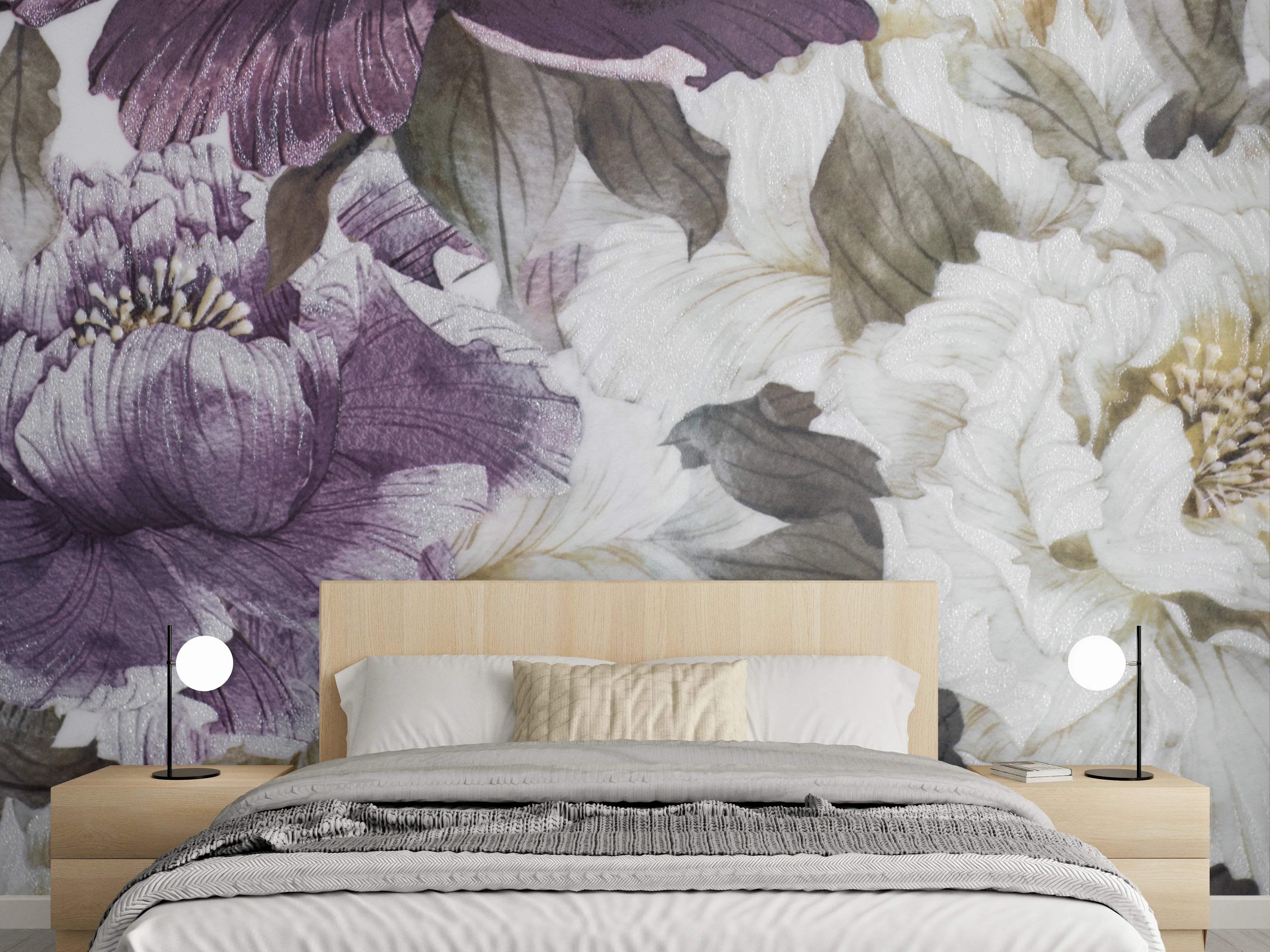 Wandverkleidung Schlafzimmer - Elegante lila-weiße Blüten Aquarell