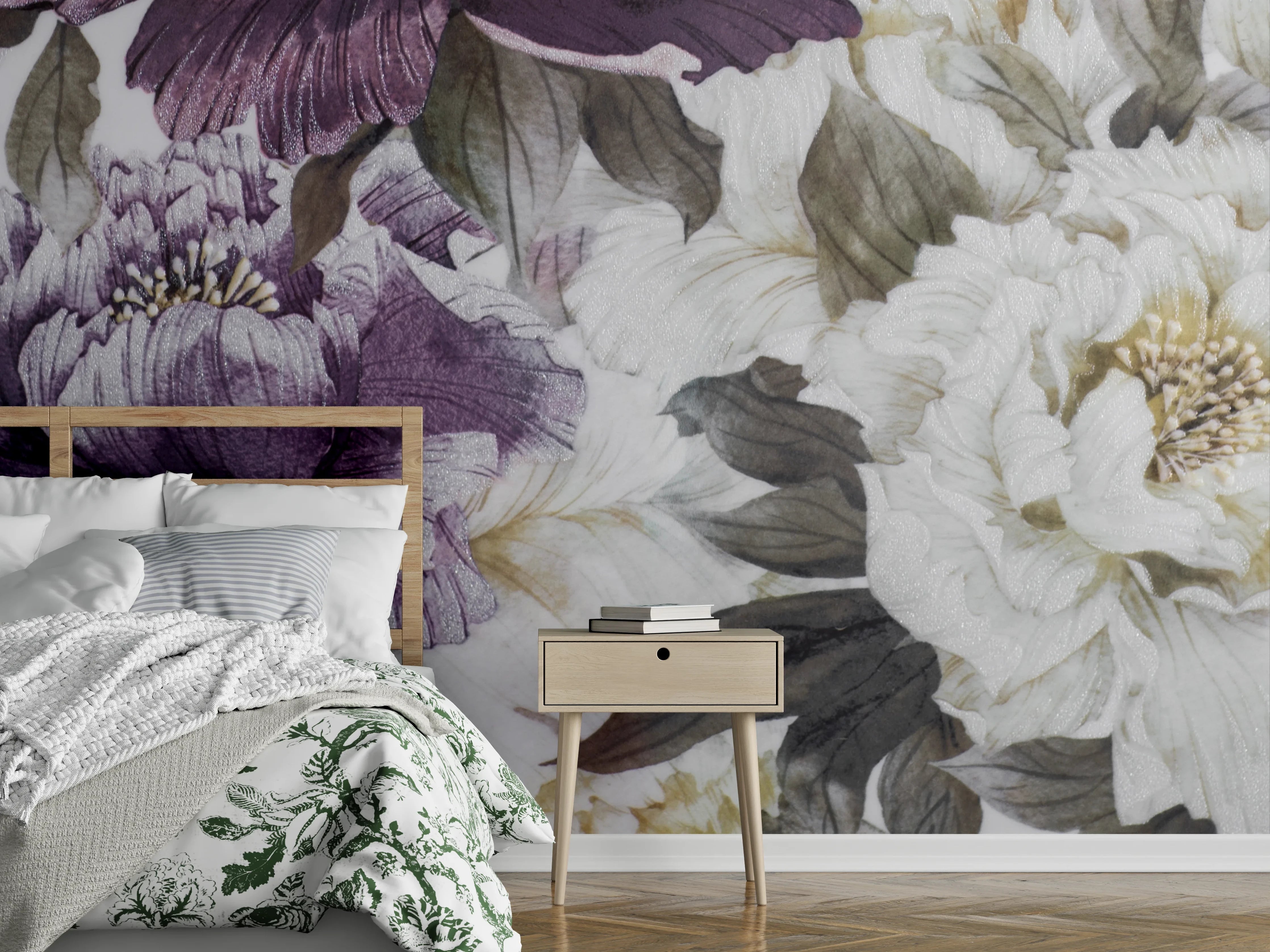 Wandverkleidung Schlafzimmer - Elegante lila-weiße Blüten Aquarell