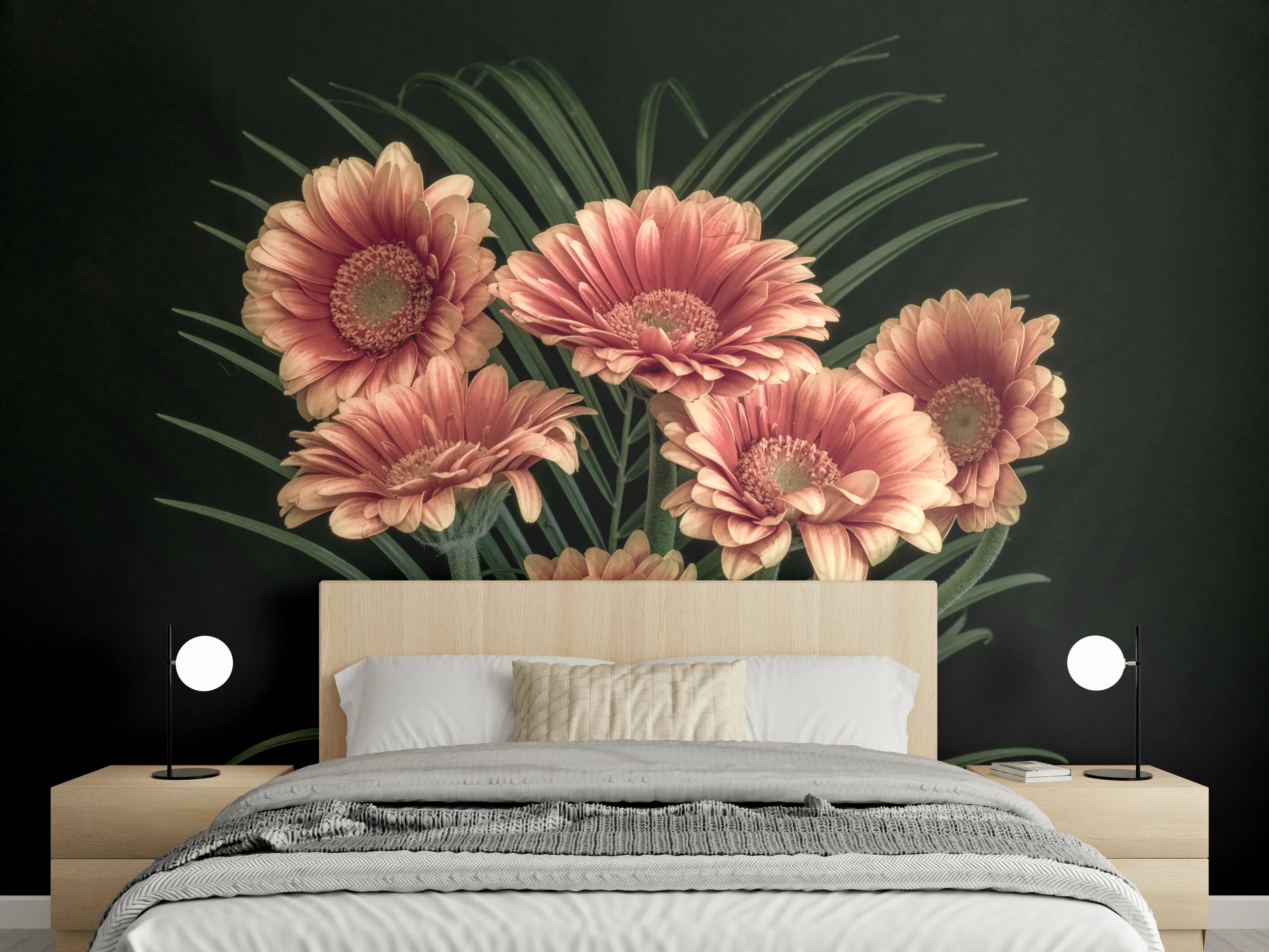 Wandverkleidung Schlafzimmer - Elegante rosa Gerbera vor dunklem Hintergrund