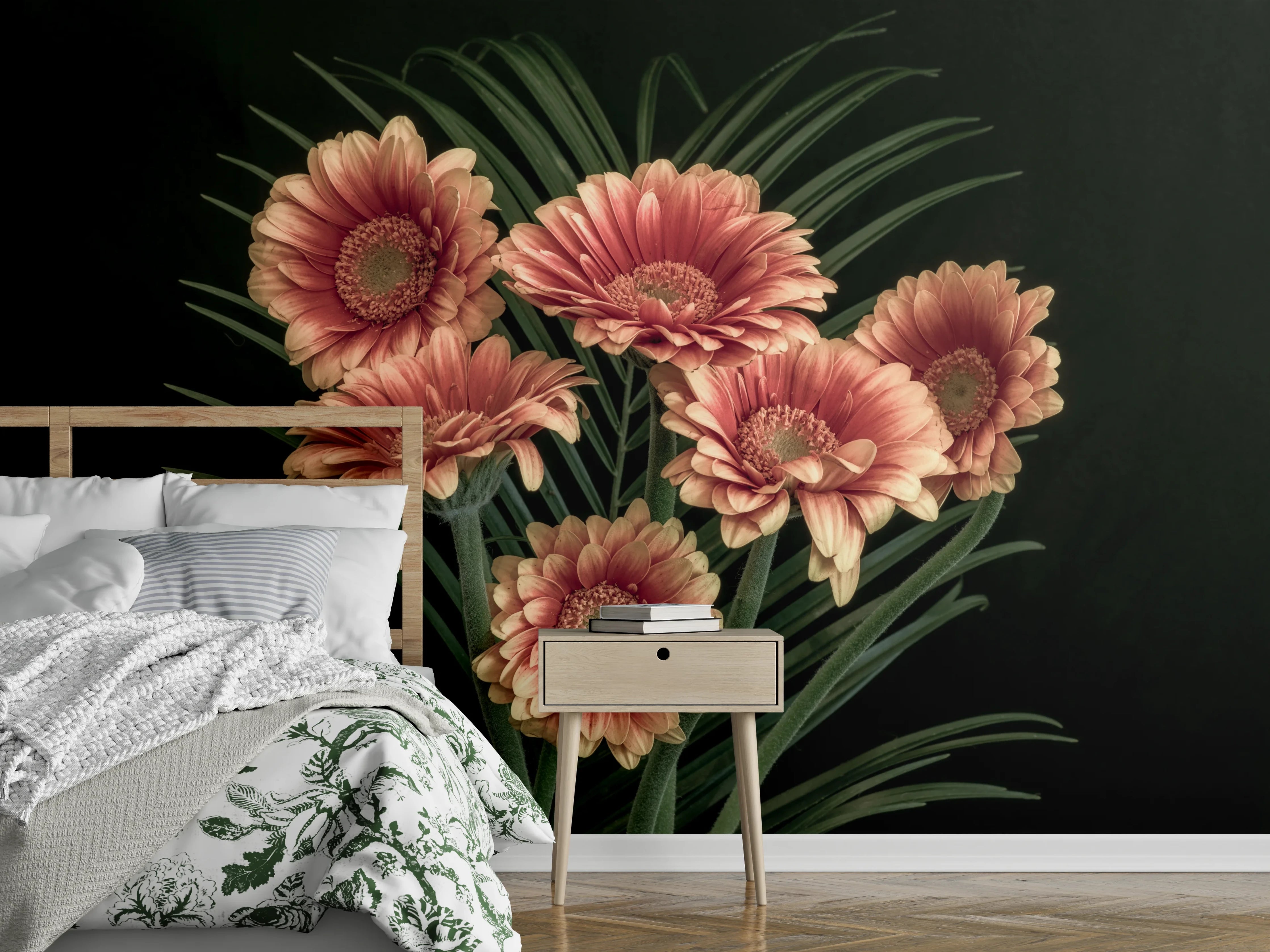 Wandverkleidung Schlafzimmer - Elegante rosa Gerbera vor dunklem Hintergrund