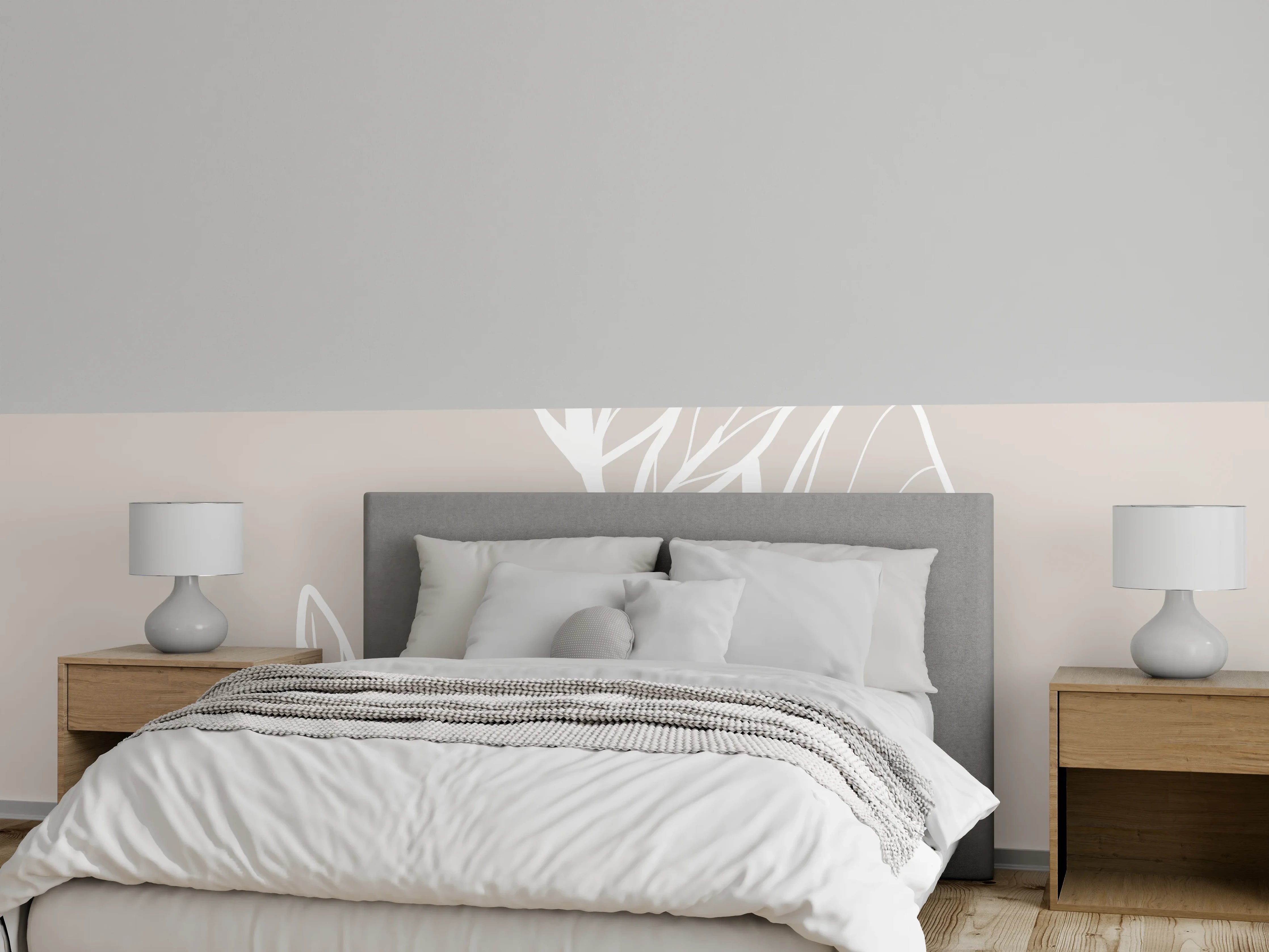 Wandverkleidung Schlafzimmer - Elegante weiße Lineart Pflanze Beige