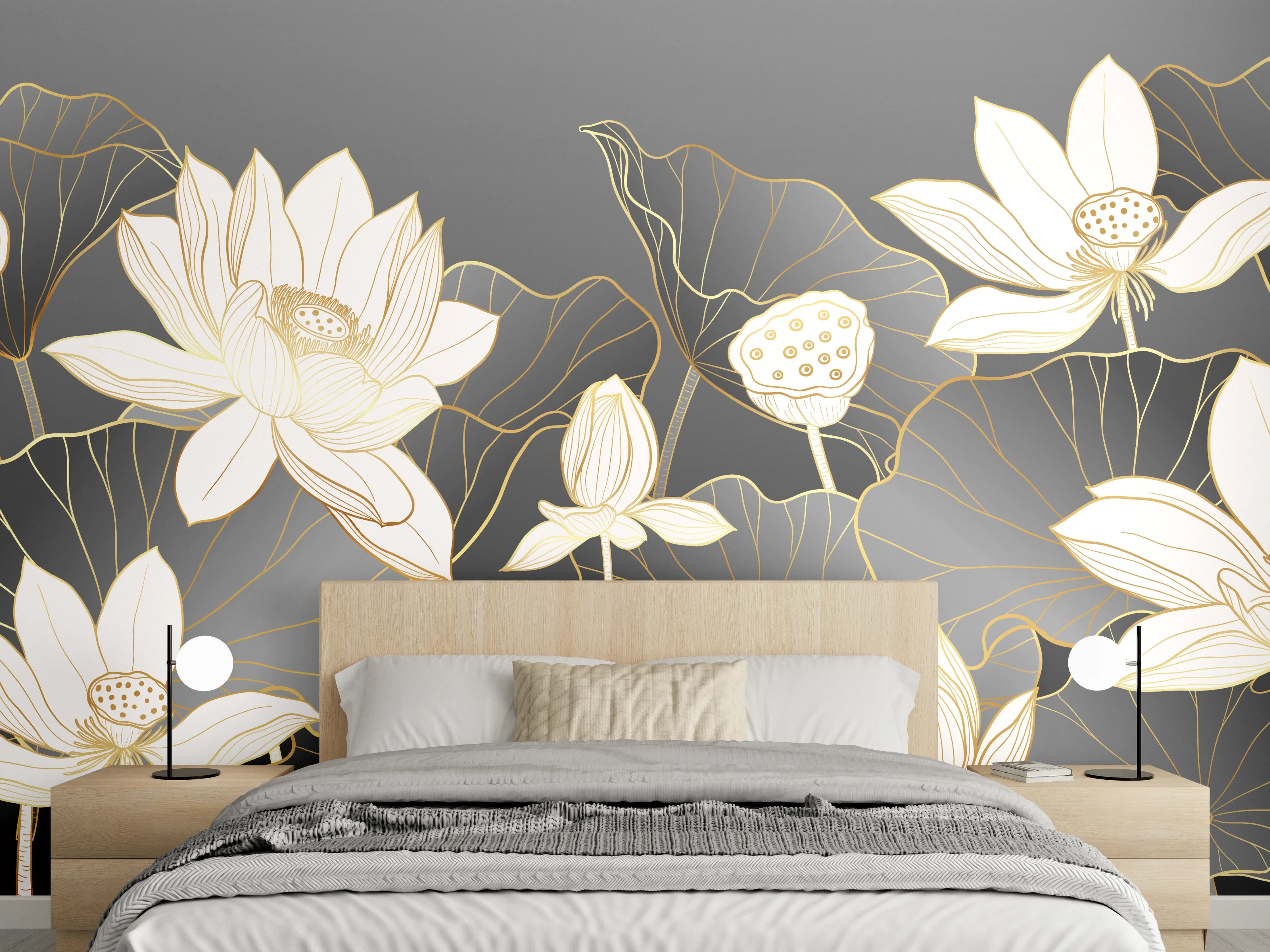 Wandverkleidung Schlafzimmer - Elegante weiße Lotusblüten Lineart