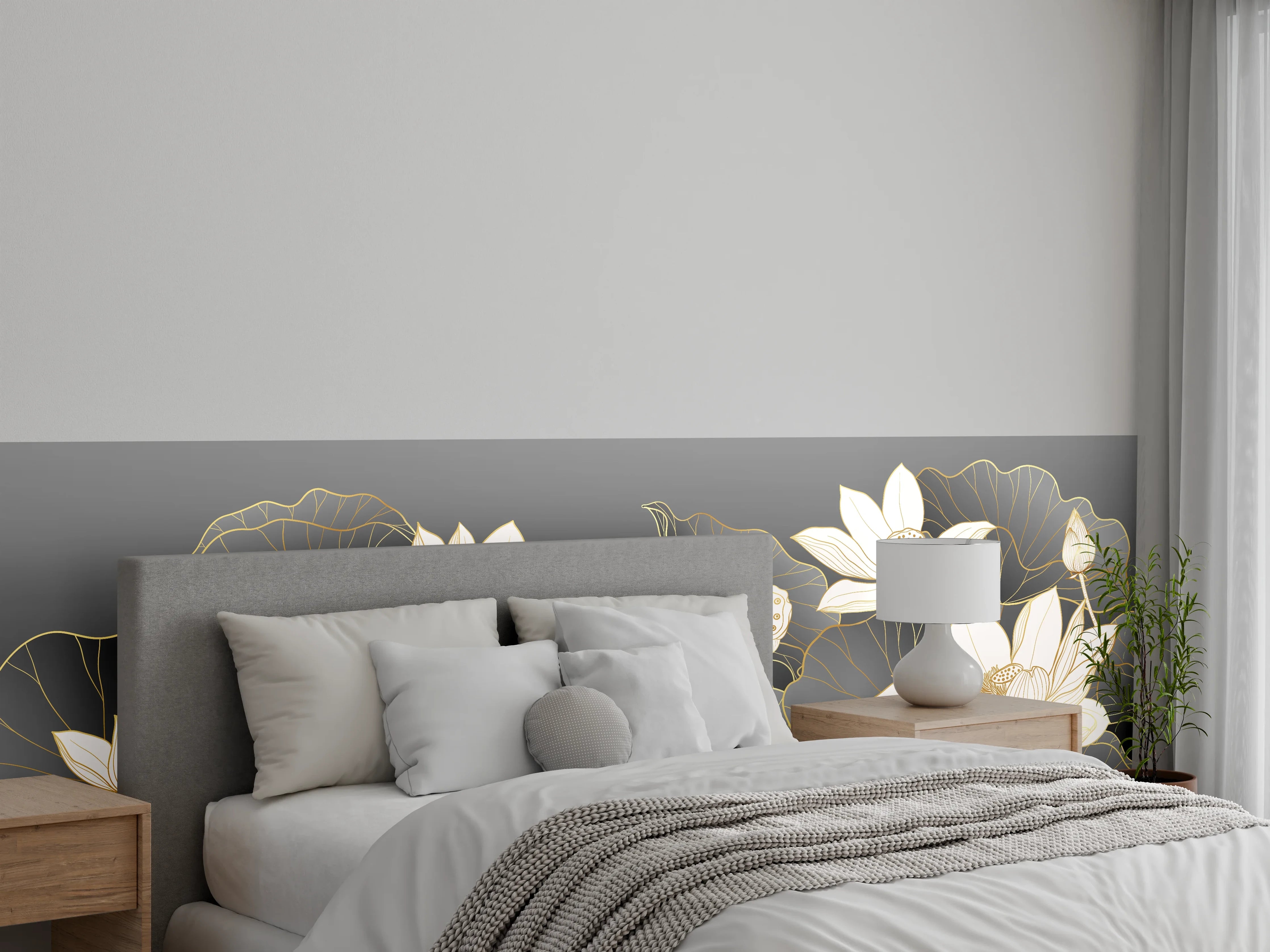 Wandverkleidung Schlafzimmer - Elegante weiße Lotusblüten Lineart