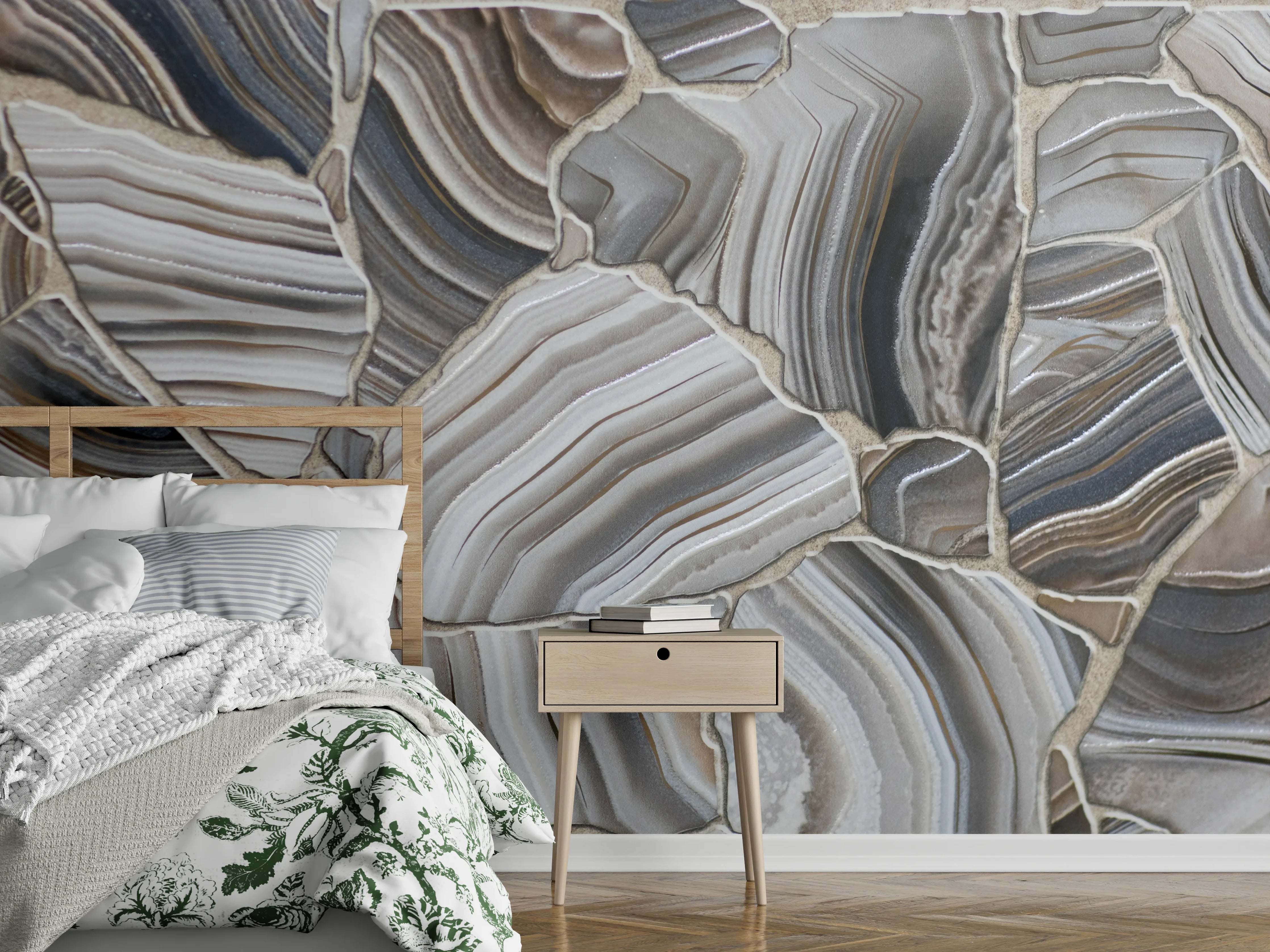 Wandverkleidung Schlafzimmer - Eleganter Achat-Look: Grautöne & Naturstruktur