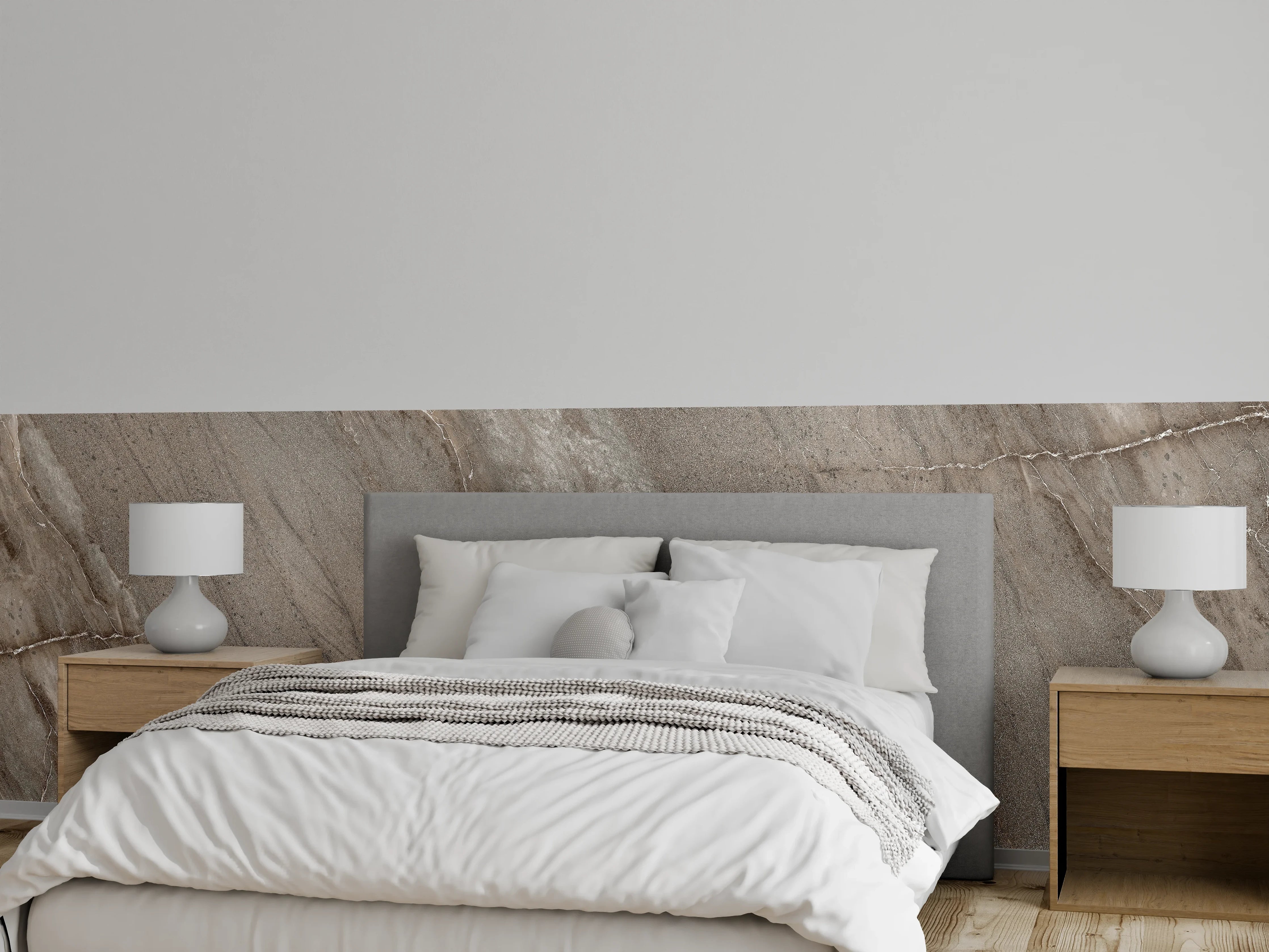 Wandverkleidung Schlafzimmer - Eleganter Marmor-Look in Grau-Beige Tönen