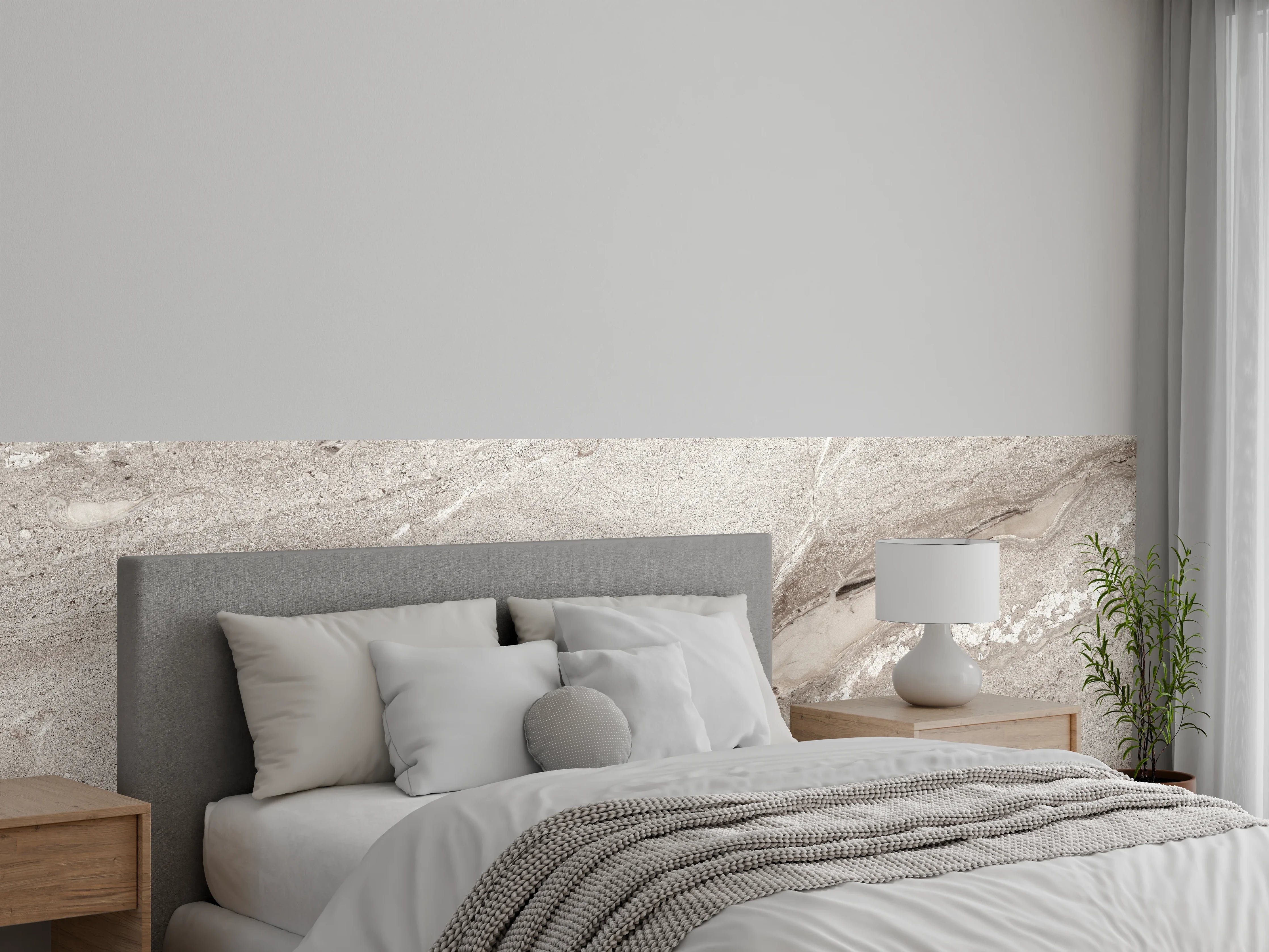 Wandverkleidung Schlafzimmer - Eleganter Marmor-Look in sanften Grautönen