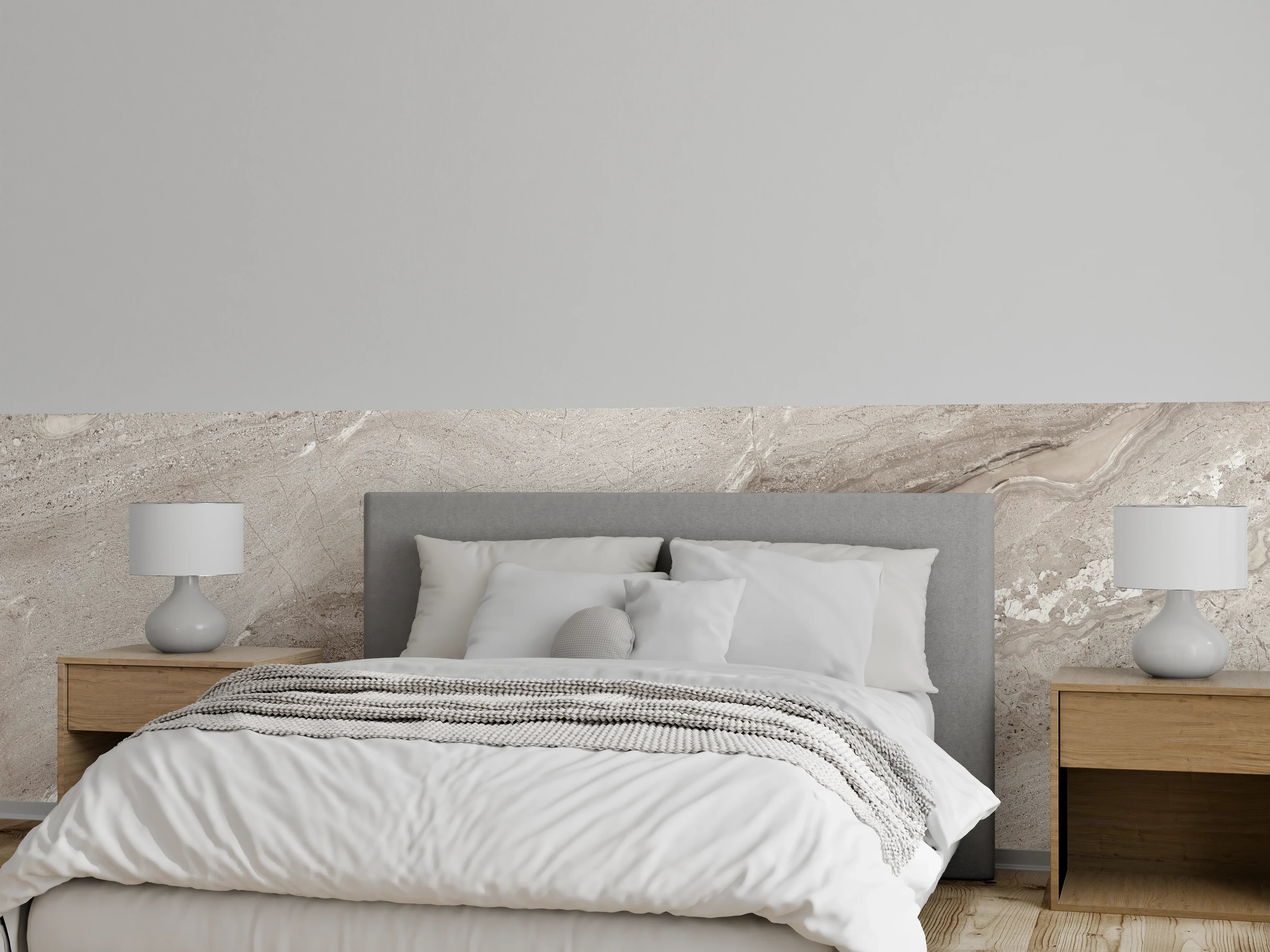Wandverkleidung Schlafzimmer - Eleganter Marmor-Look in sanften Grautönen
