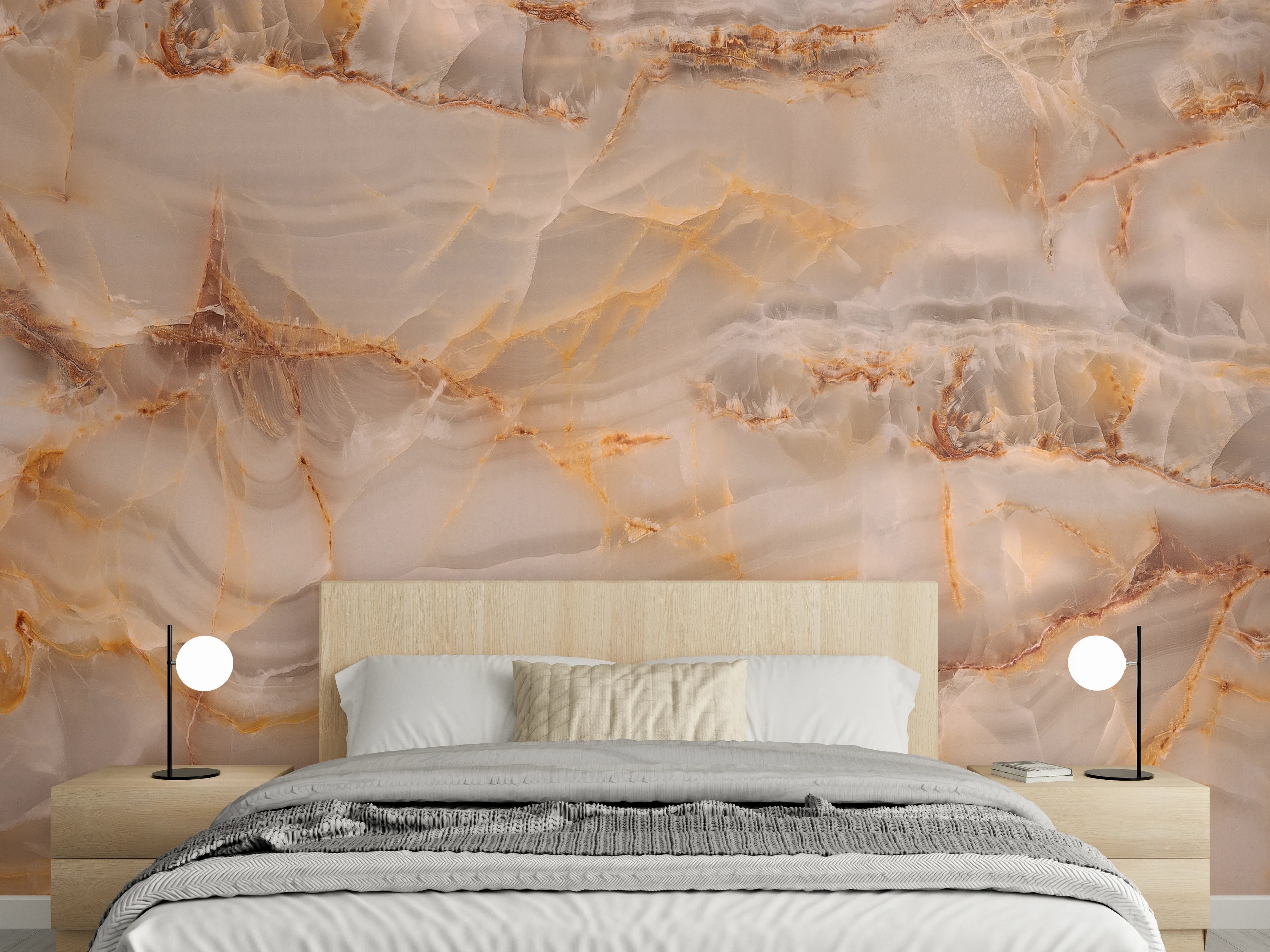 Wandverkleidung Schlafzimmer - Eleganter Onyx-Marmorstil Beige Orange
