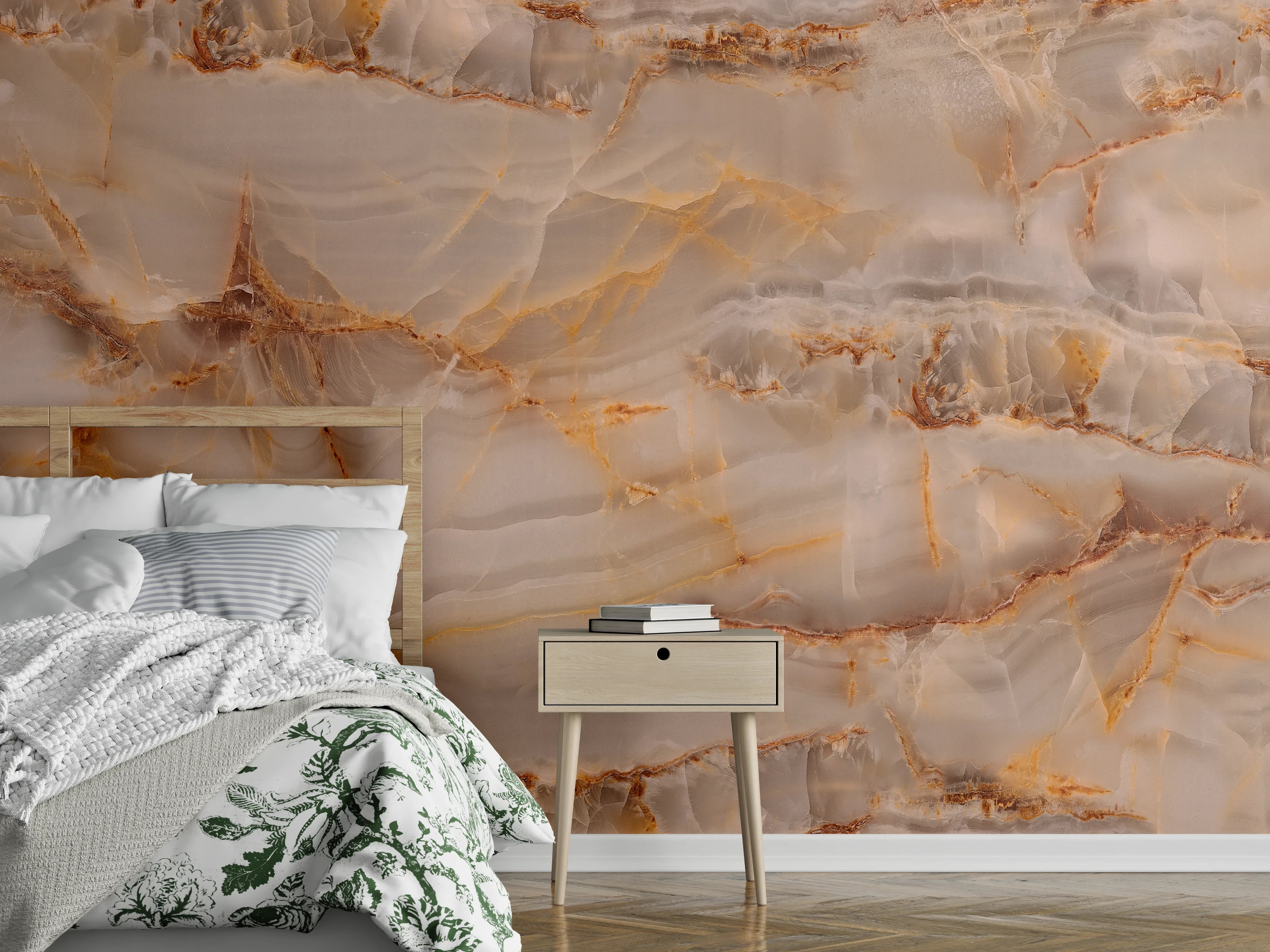 Wandverkleidung Schlafzimmer - Eleganter Onyx-Marmorstil Beige Orange