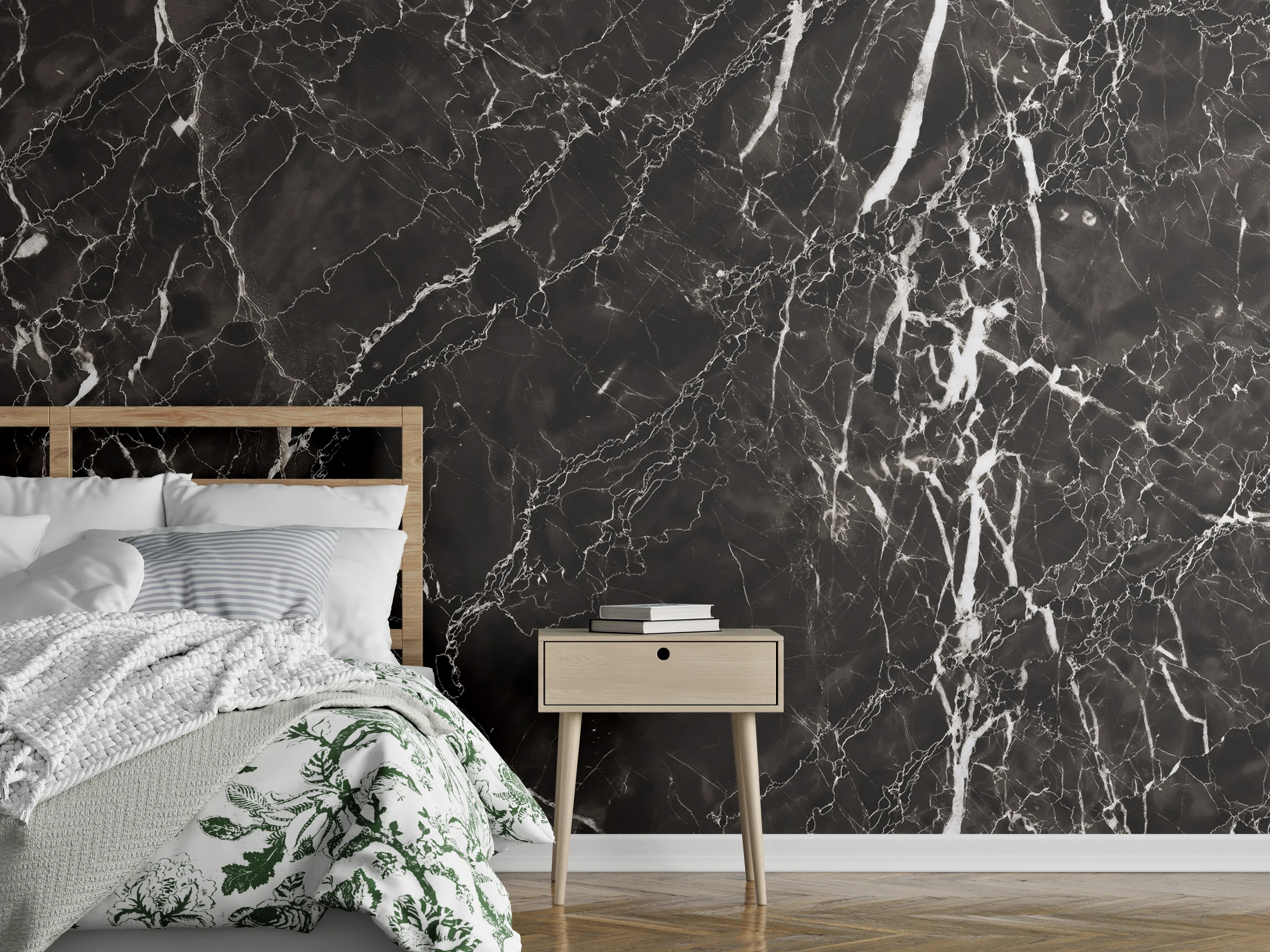 Wandverkleidung Schlafzimmer - Eleganter schwarzer Marmor mit weißen Adern